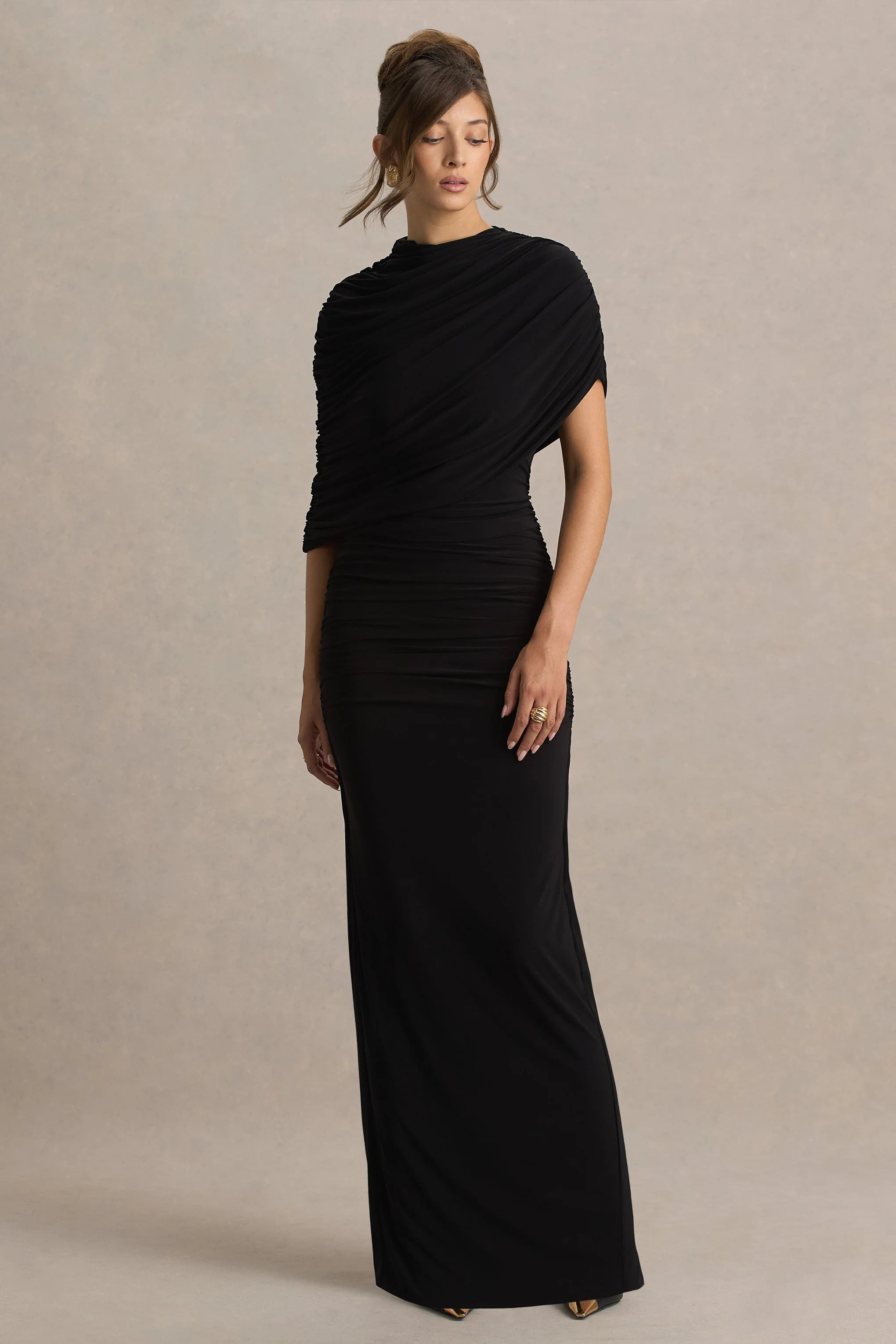 Glitz Black High Neck Maxi Dress With Cape Sleeve and Ruched Detail