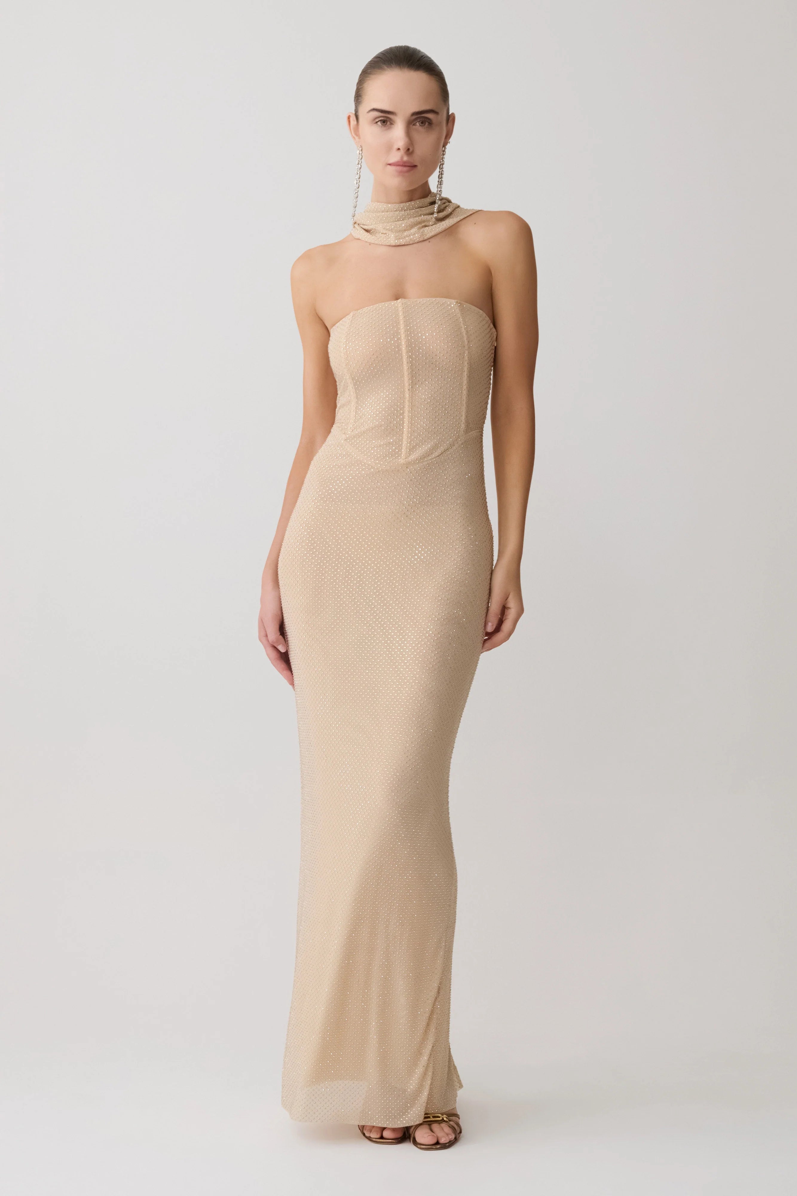 Phi Multi Wear Cowl Diamante Maxi Dress Gold