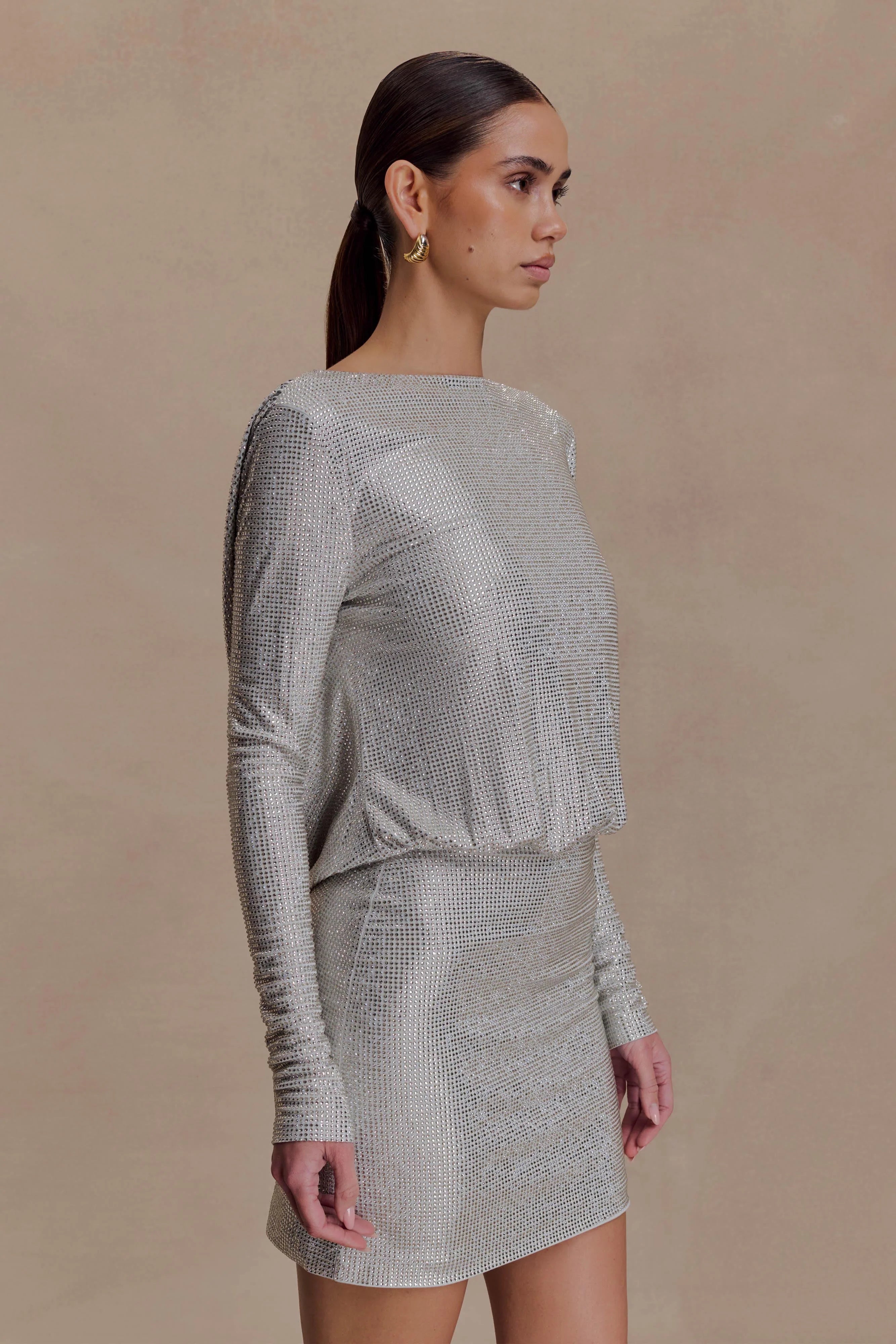 Darius Diamante Cowl Mini Dress Silver