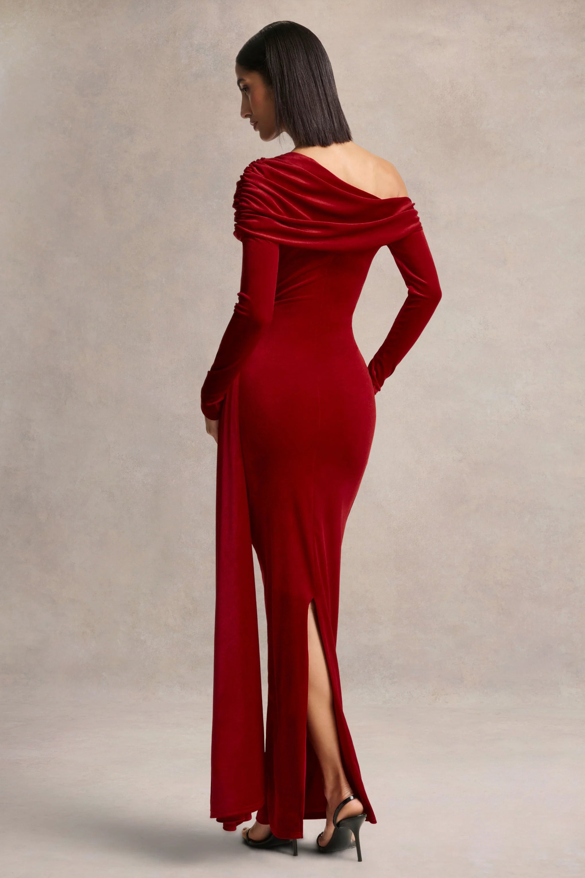 Hadria Red Velvet Asymmetric Neck Maxi Dress With Sash Detail