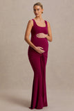 Baylin Burgundy Square Neck Maternity Maxi Dress With Ruched Detailing And Sash