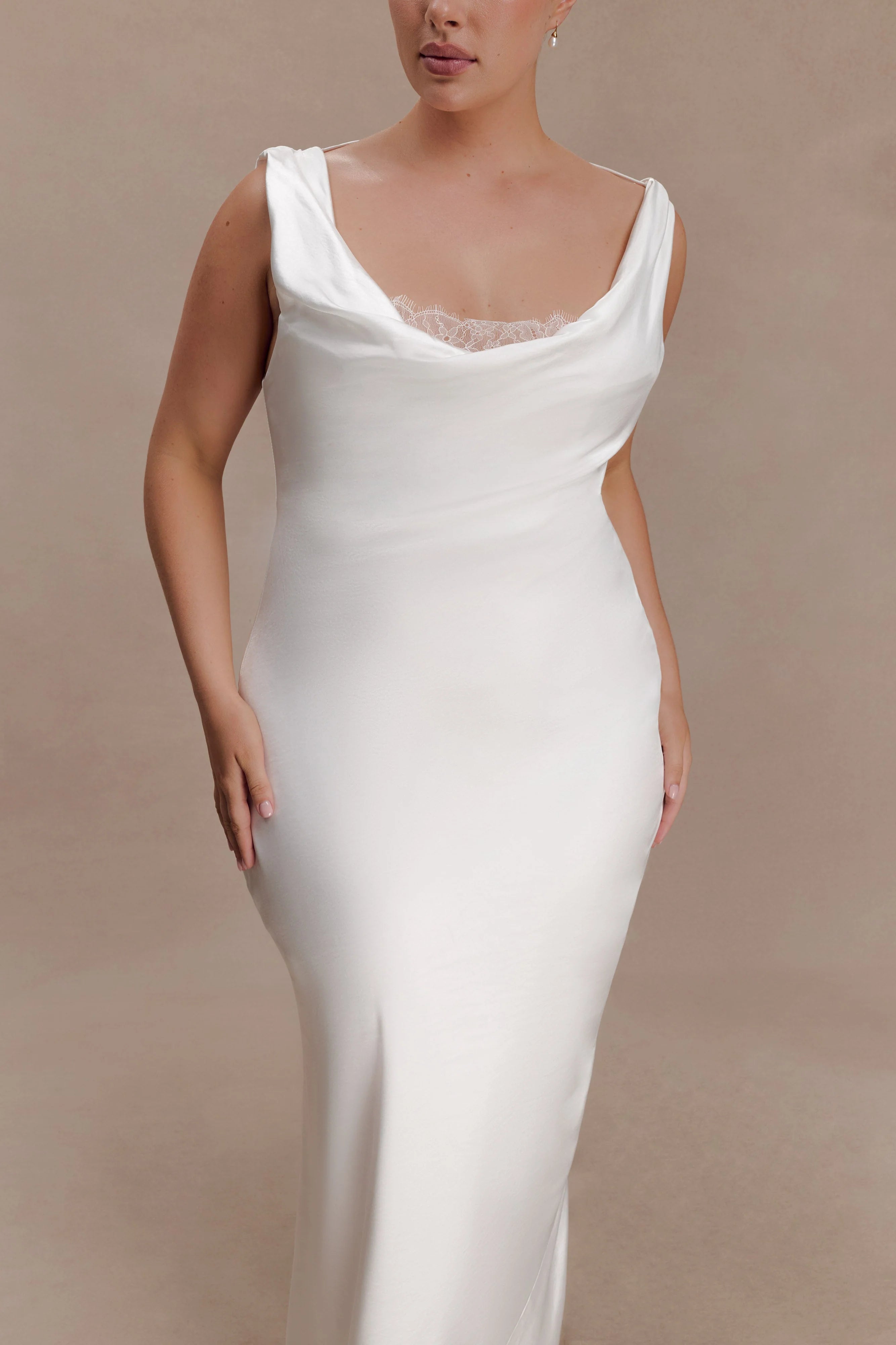 Ashley Cowl Neck Lace And Satin Maxi Dress Ivory