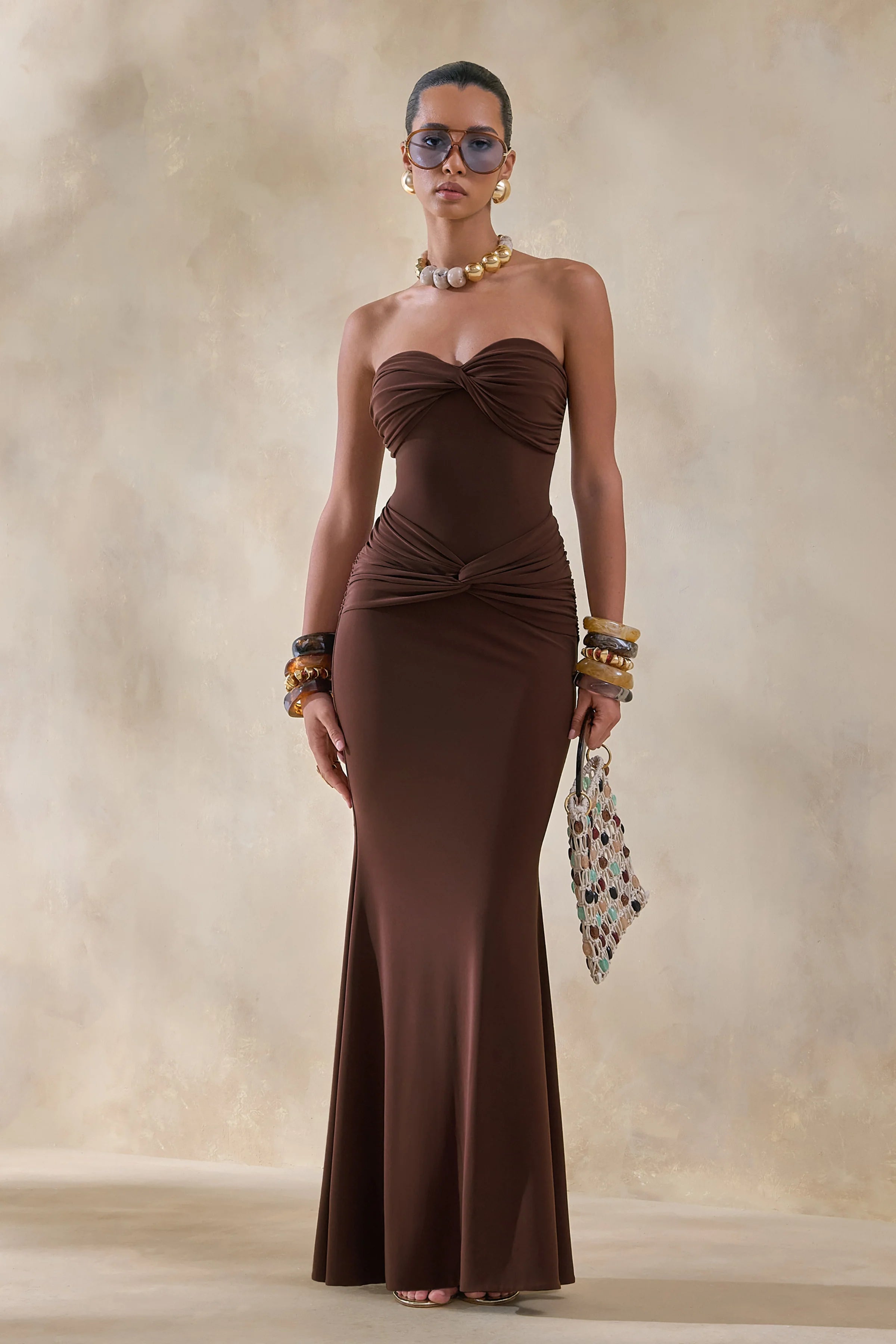 Elodia Brown Bandeau Maxi Dress With Gathered Detailing