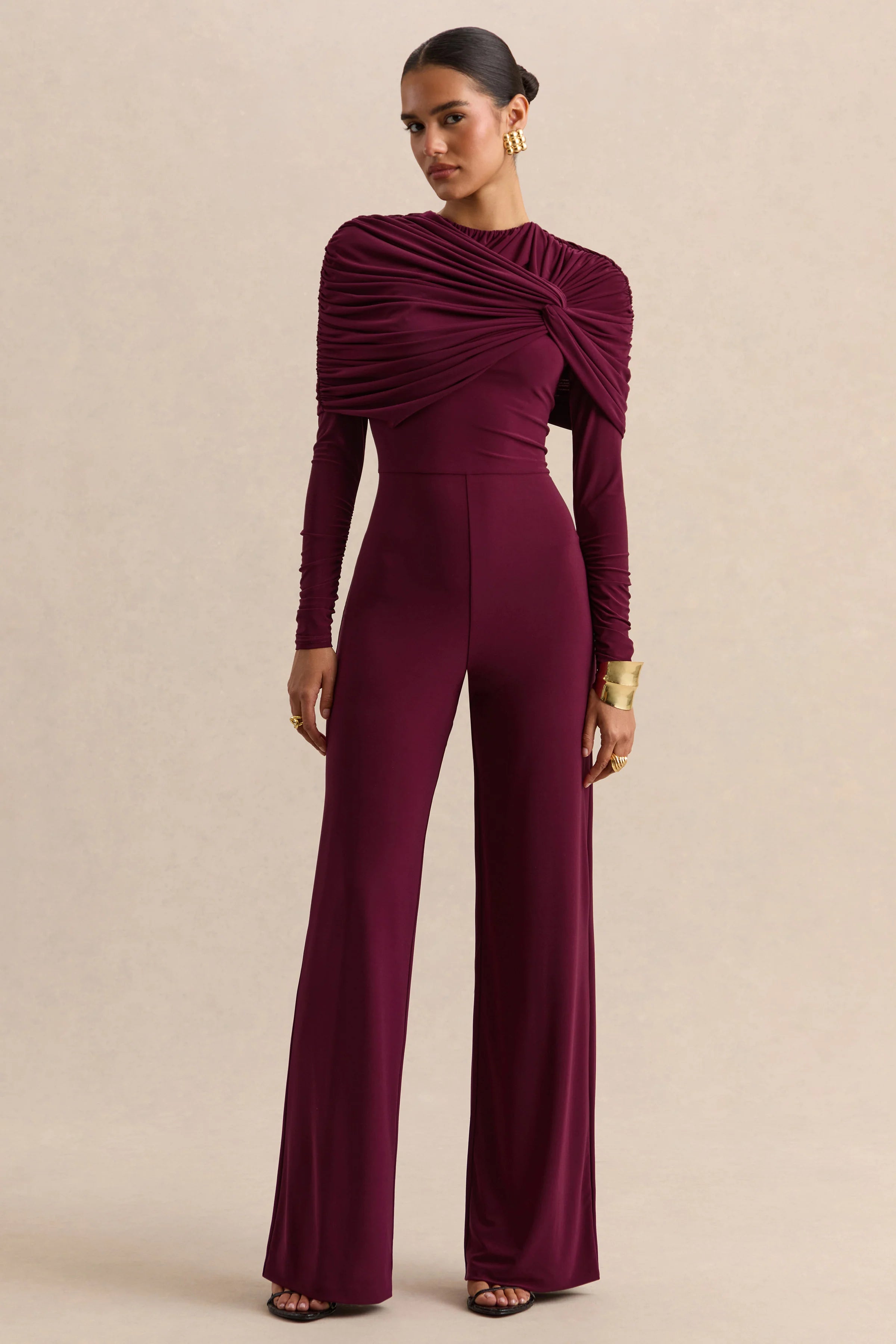 Eloura Burgundy High Neck Jumpsuit With Twist Gathered Detail