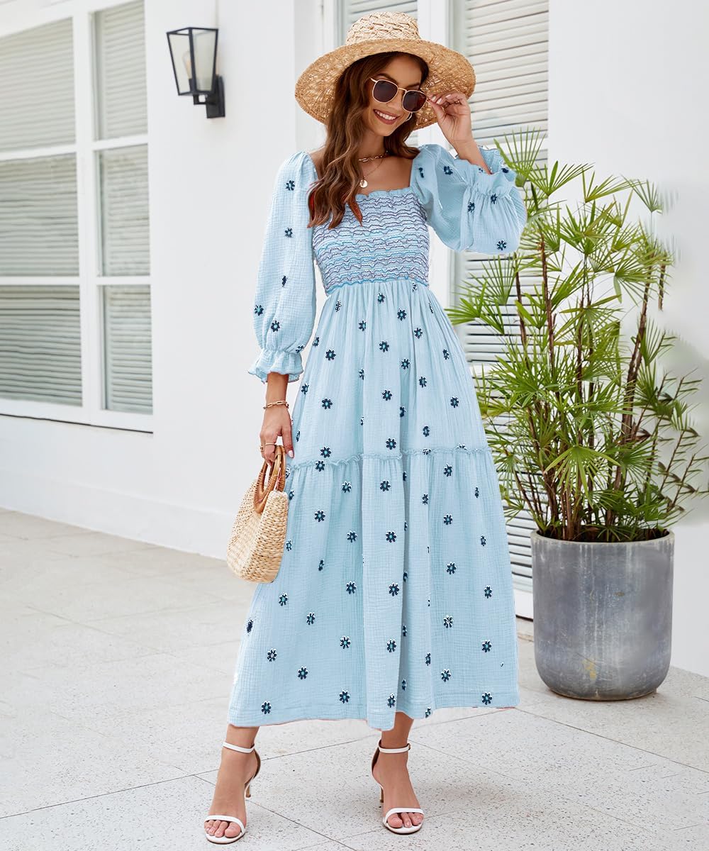 Women Floral Embroidered Maxi Dress Long Puff Sleeve Square Neck Bohemian Flowy Dress with Pockets Summer Fall