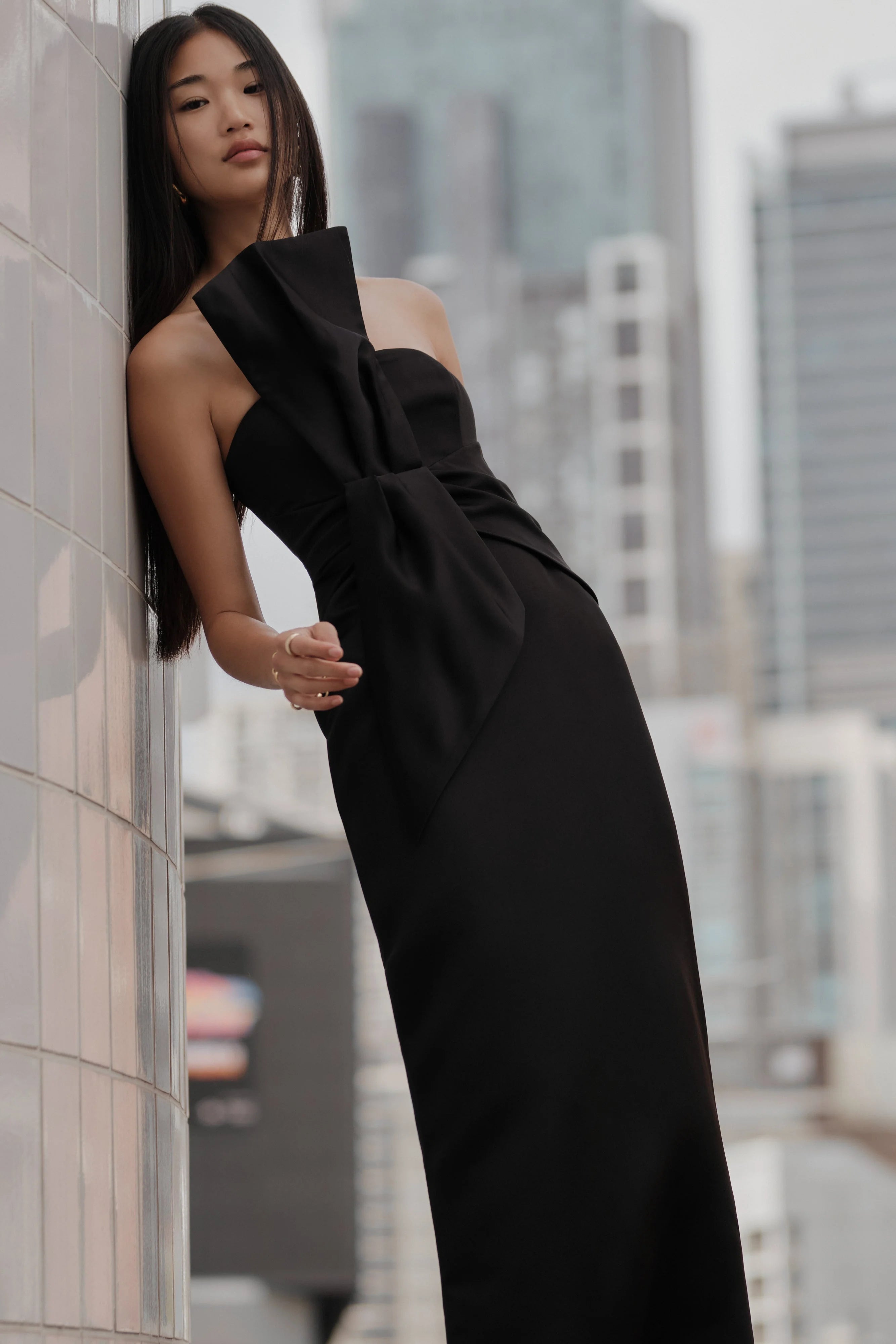 Cyrill Strapless Satin Structured Maxi Dress Black