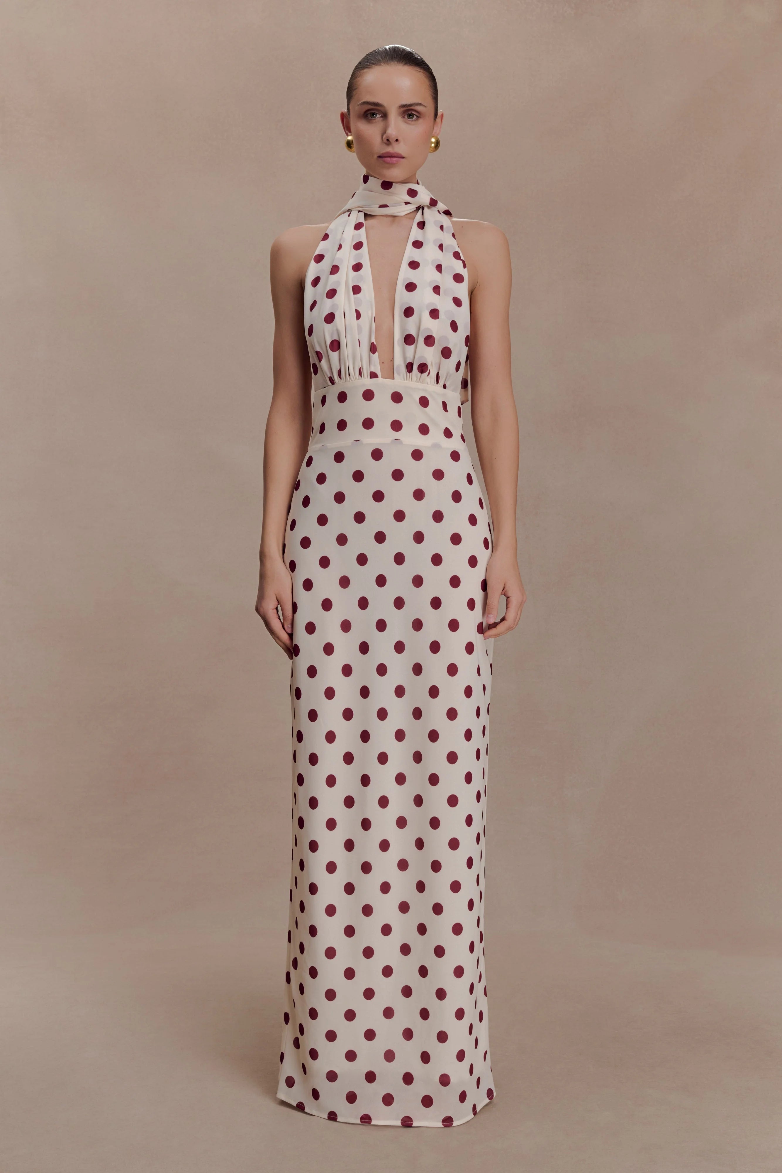Nadine Halter Chiffon Maxi Dress Ivory Merlot Polka Dot