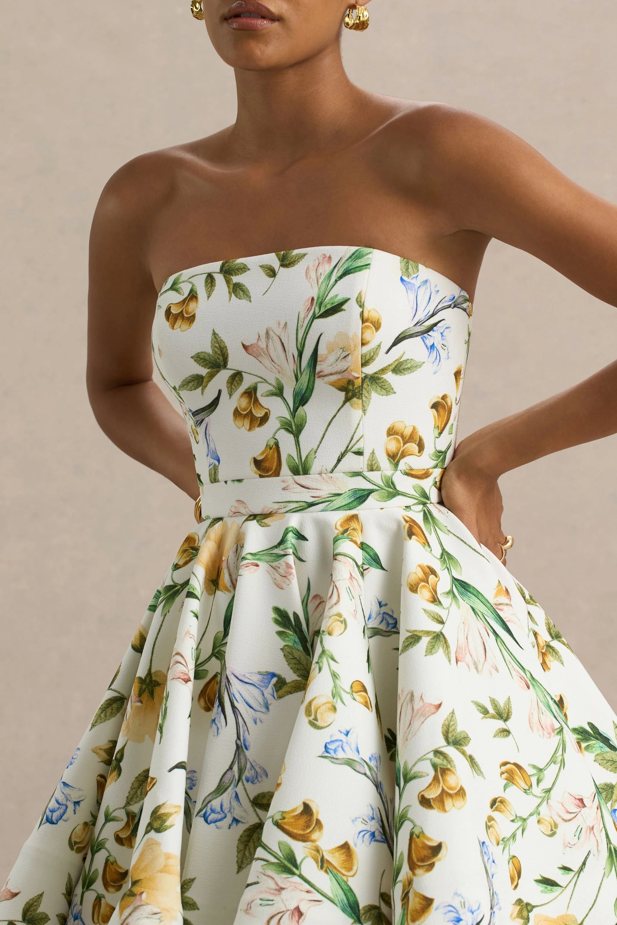 Valerian Lemon Floral Print Bandeau Mini Dress With Ruffle Hem