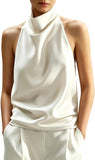 Women Halter Top Cowl Neck Backless Satin Silk Tank Tops Elegant Going Out Clubwear