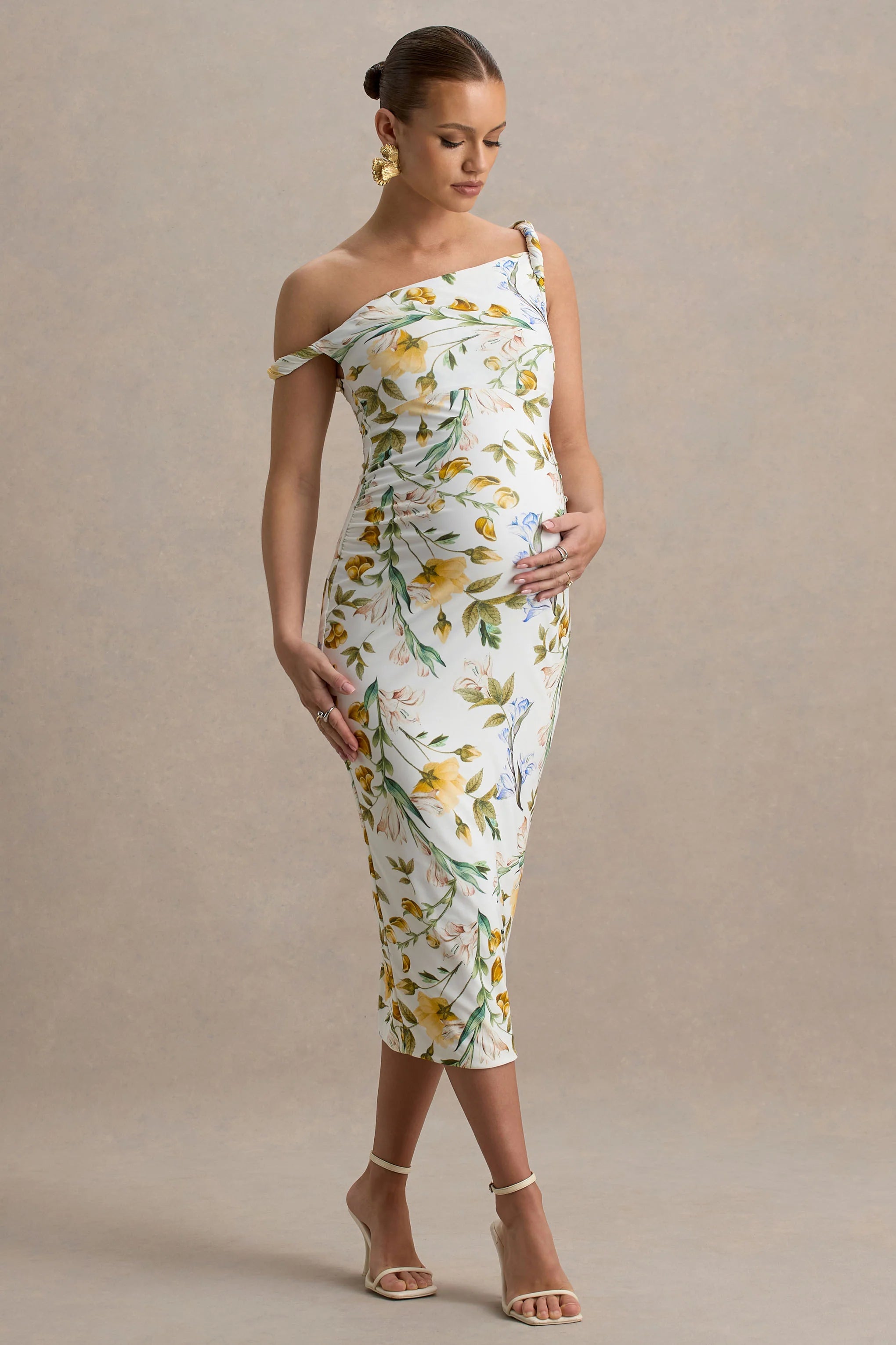 Salome Lemon Floral Print Twisted Asymmetric Maternity Midi Dress