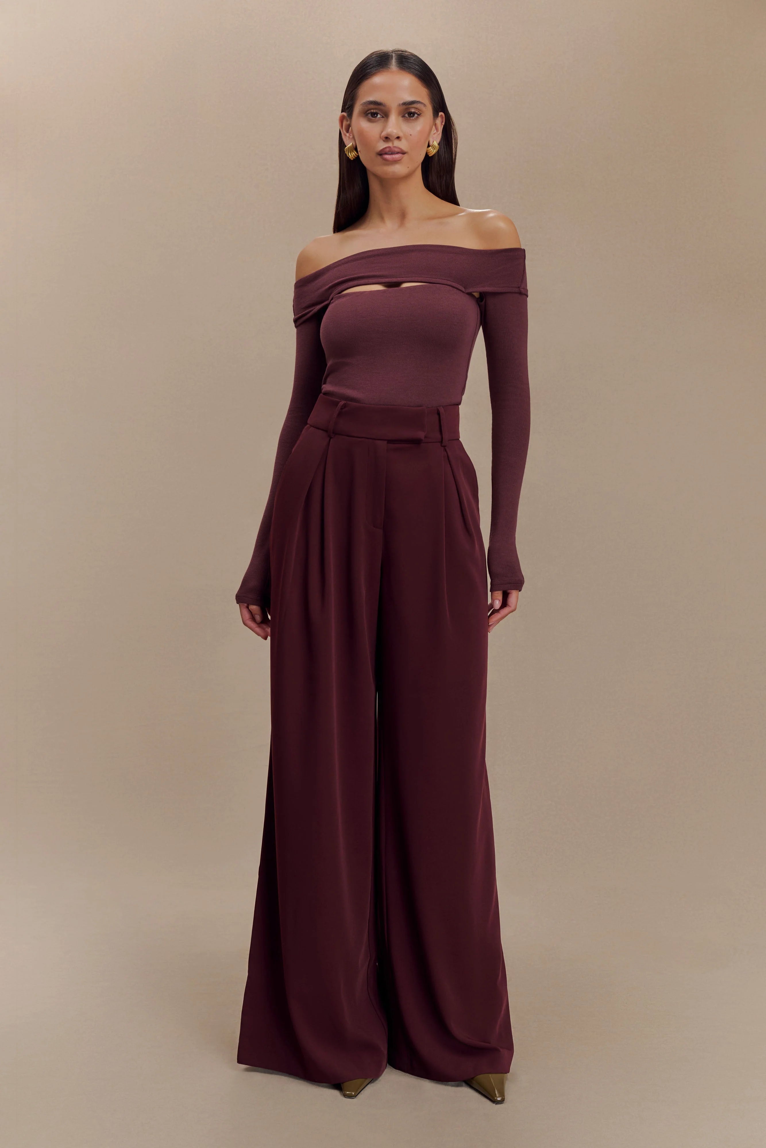 Jacqueline Pleated Wide Leg Pants Mahogany