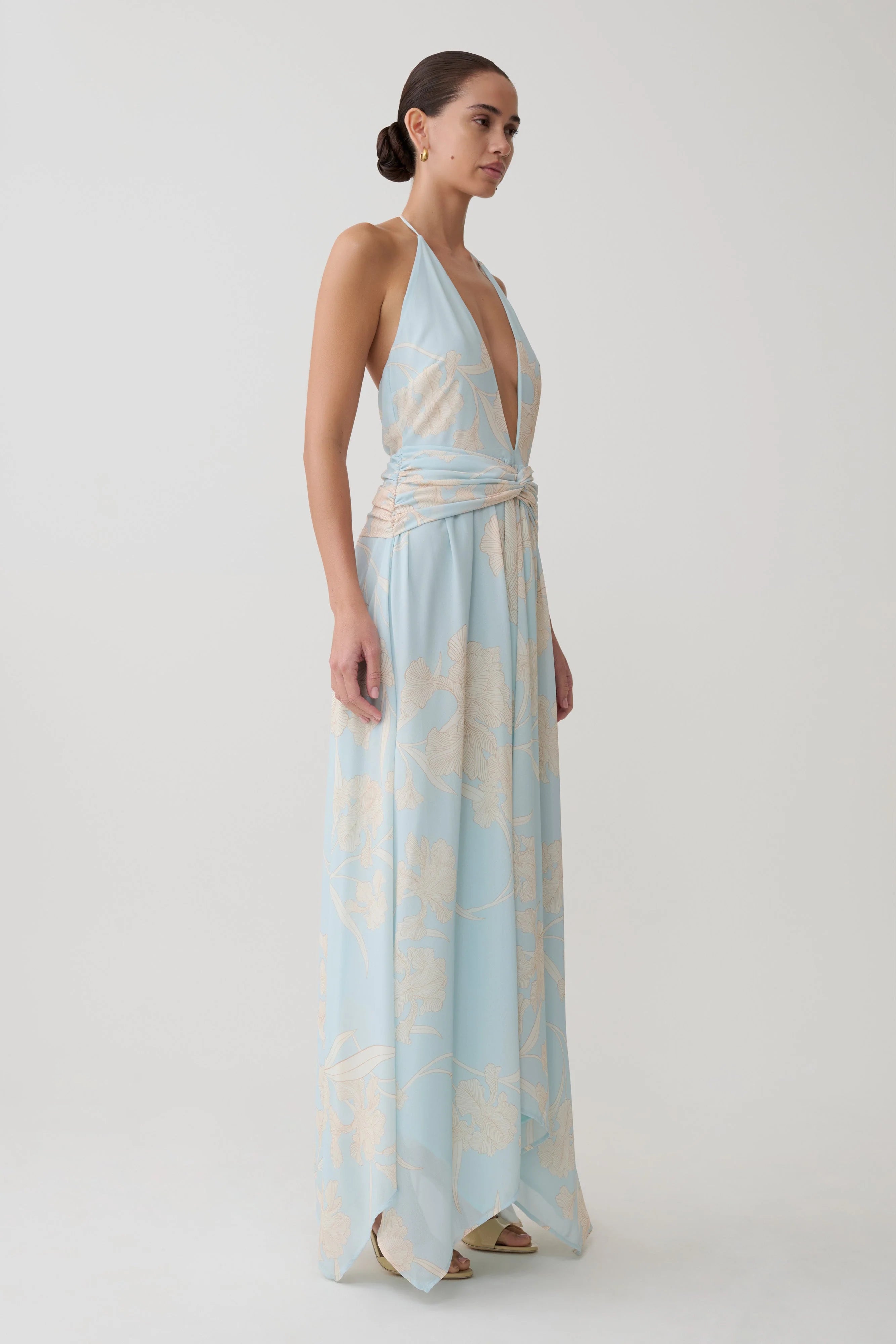 Cyra Plunge Chiffon Midi Dress Blue Floral Print