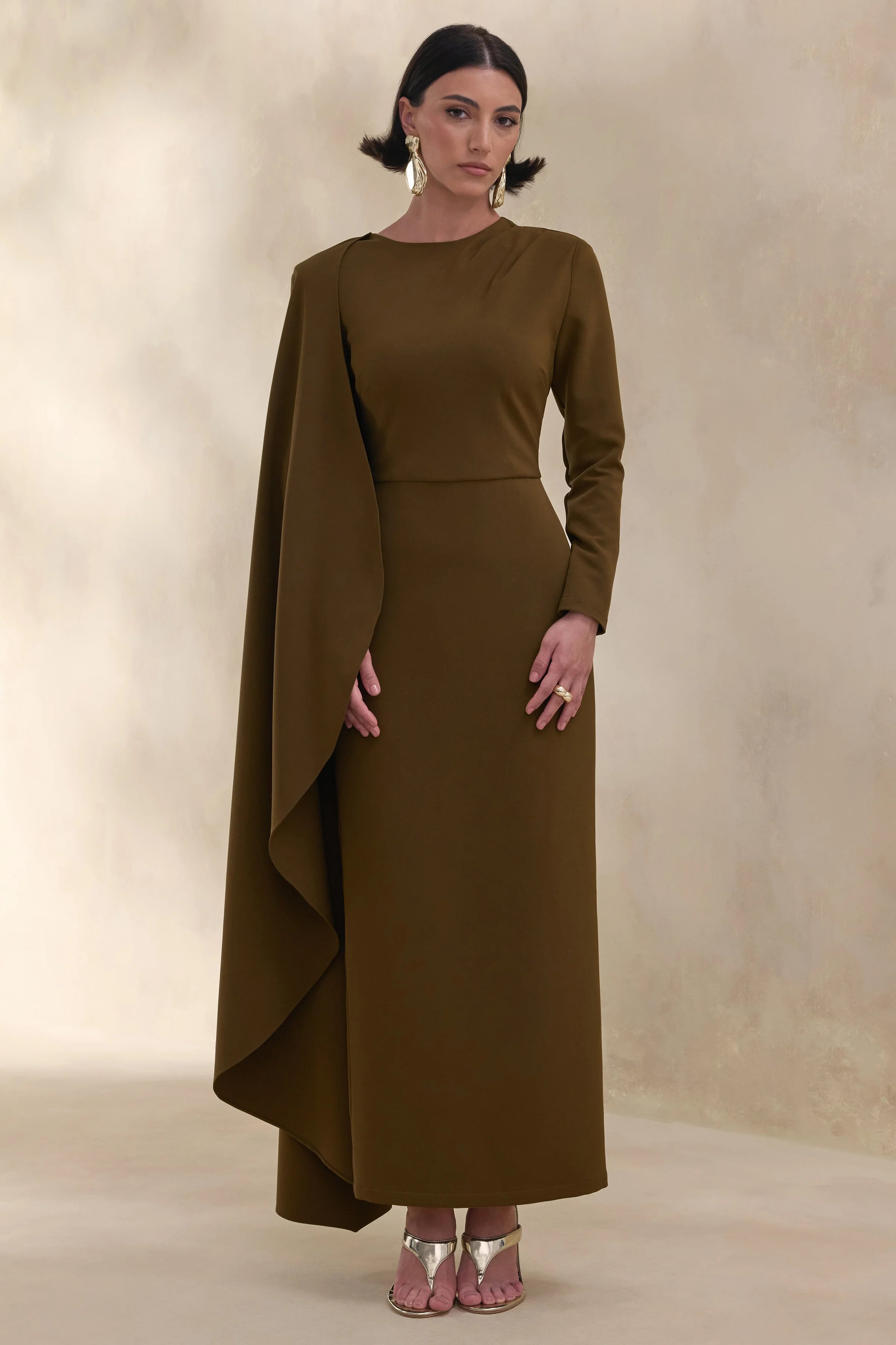 Jovea Olive Round Neck Maxi Dress With Cape Sleeve
