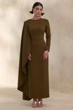 Jovea Olive Round Neck Maxi Dress With Cape Sleeve