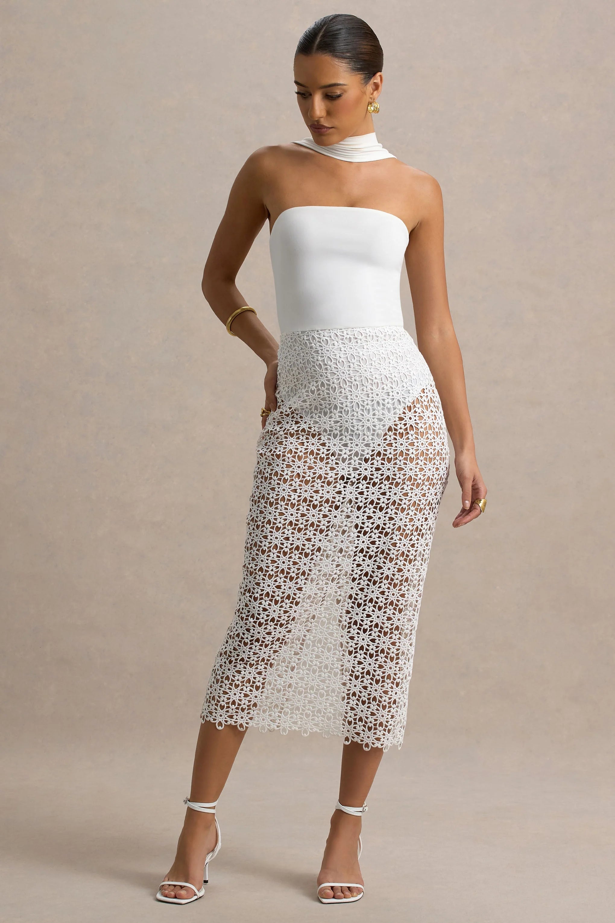 Tamala White High Neck Midi Dress With Lace Skirt