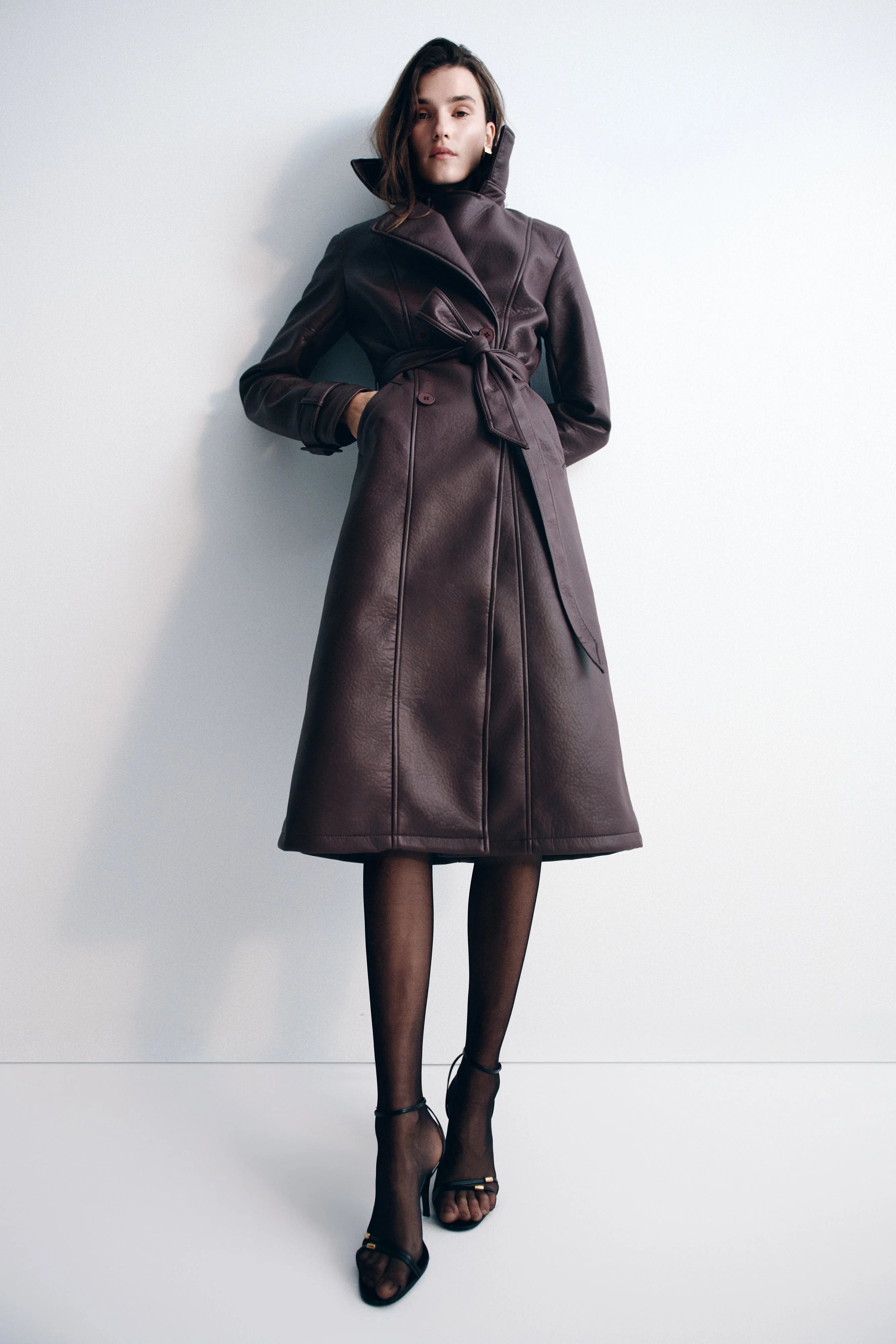 Tarah Faux Leather Trench Coat Cacao Brown