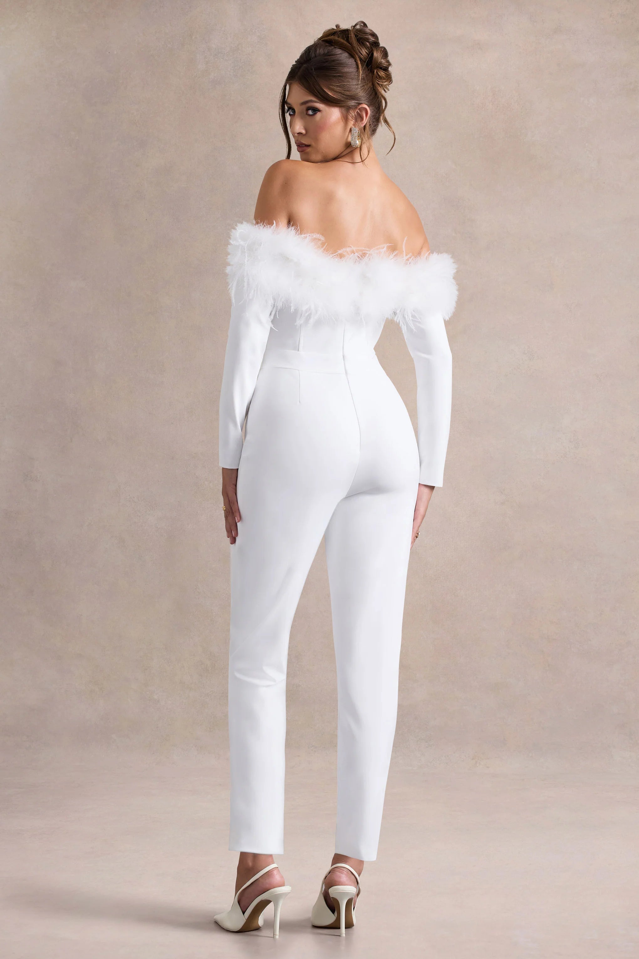 Ales White Bardot Tailored Straight Leg Jumpsuit With Feather Trim