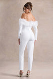 Ales White Bardot Tailored Straight Leg Jumpsuit With Feather Trim