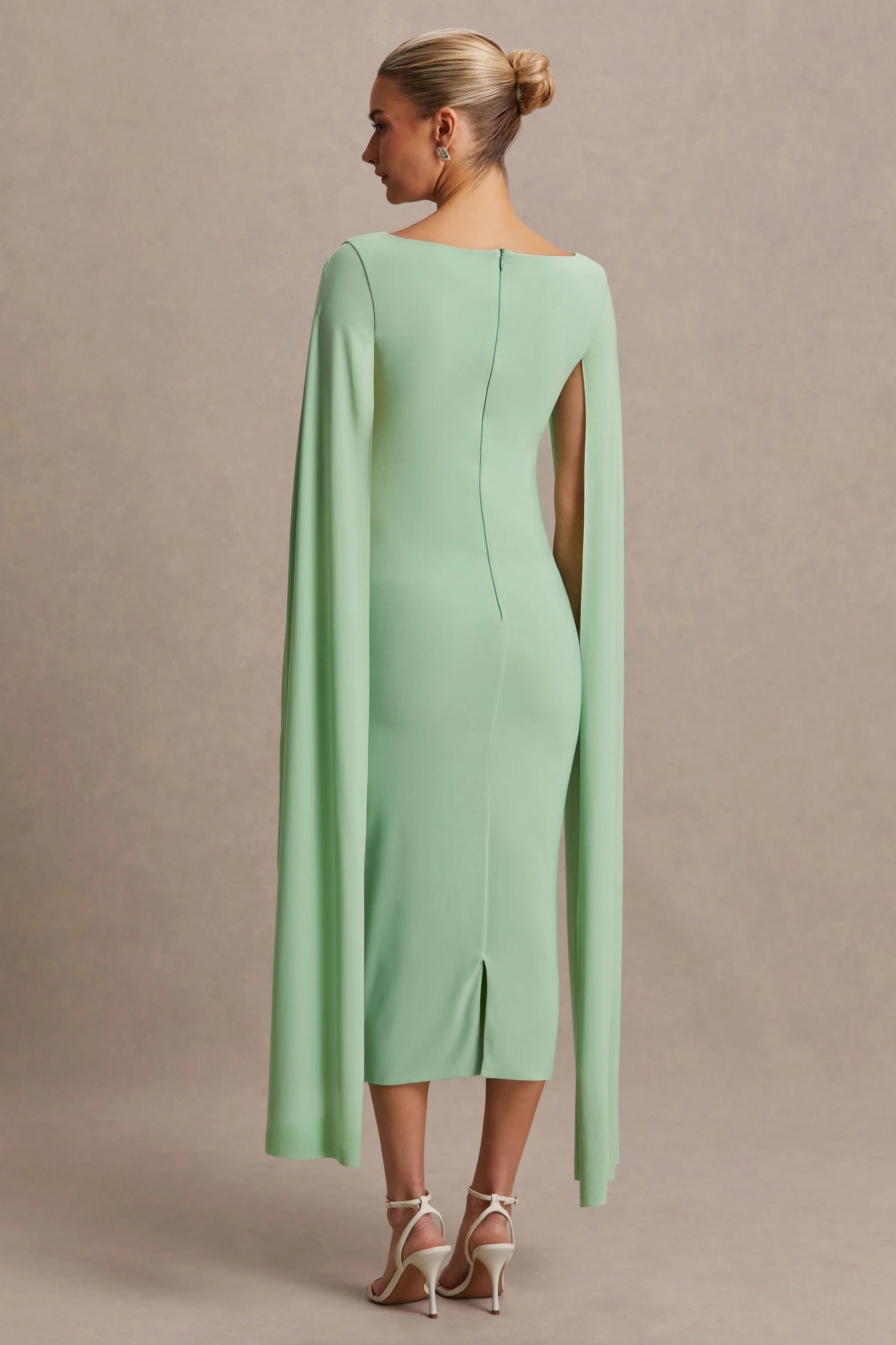 Providence Light Green High Neck Maternity Midi Dress With Cape Sleeves