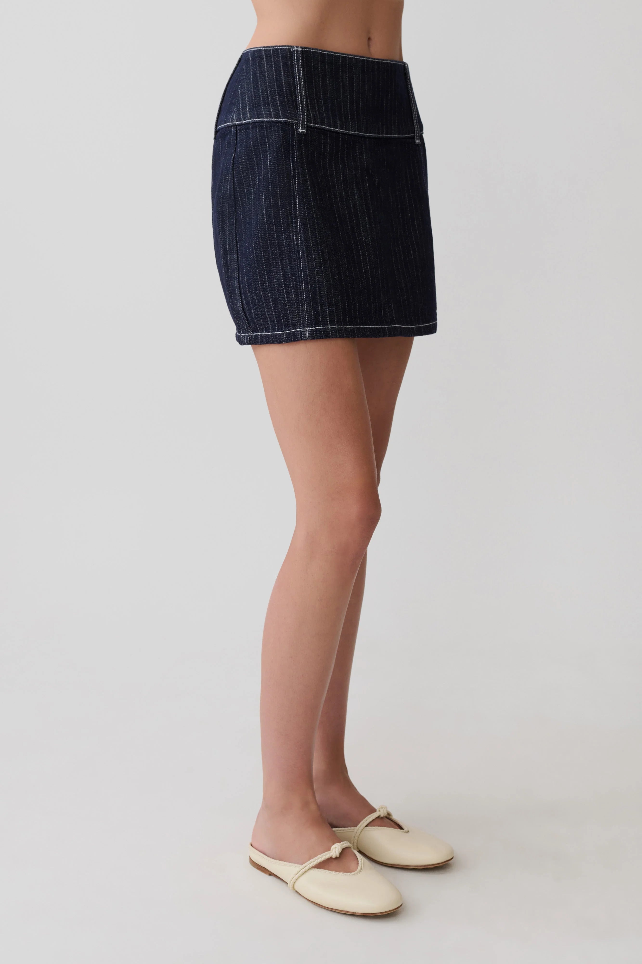 Loraine Mid Rise Denim Mini Skirt Indigo Pinstripe
