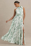 Talia Green Floral Print High Neck Maxi Dress With Front High Split