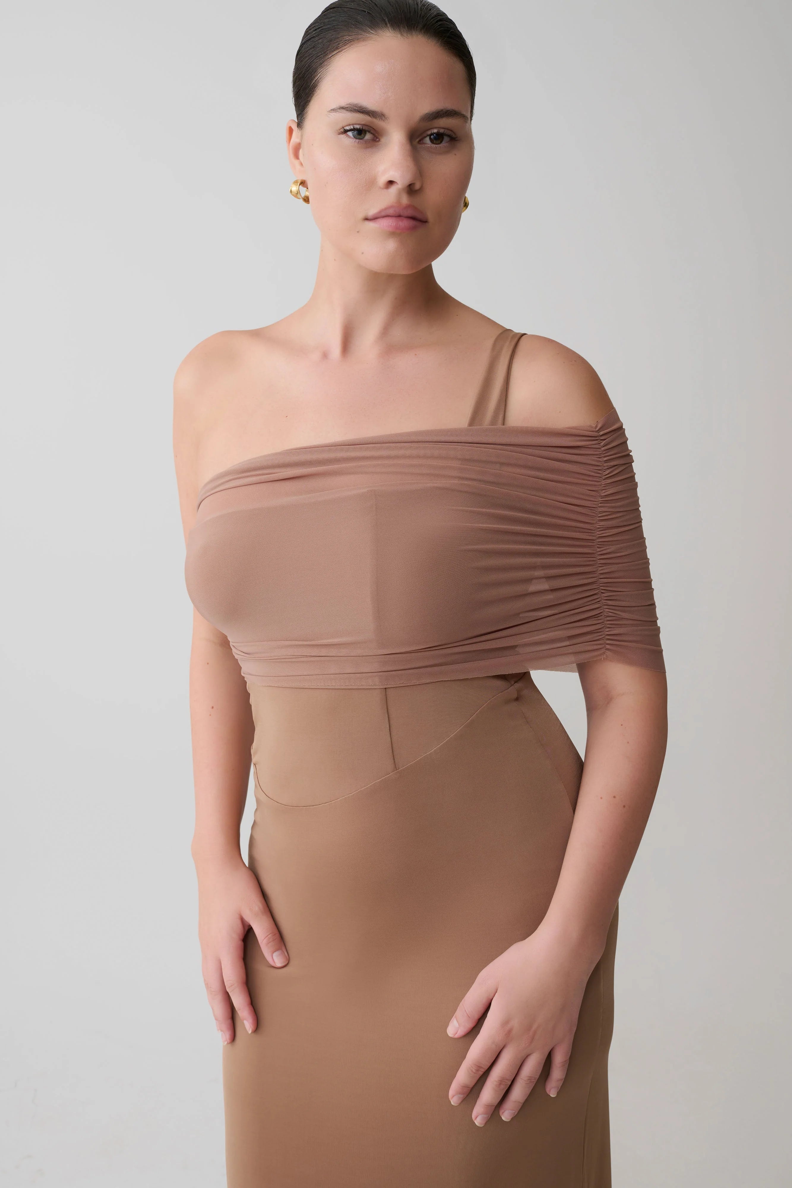 Hanh One Shoulder Mesh Maxi Dress Tan