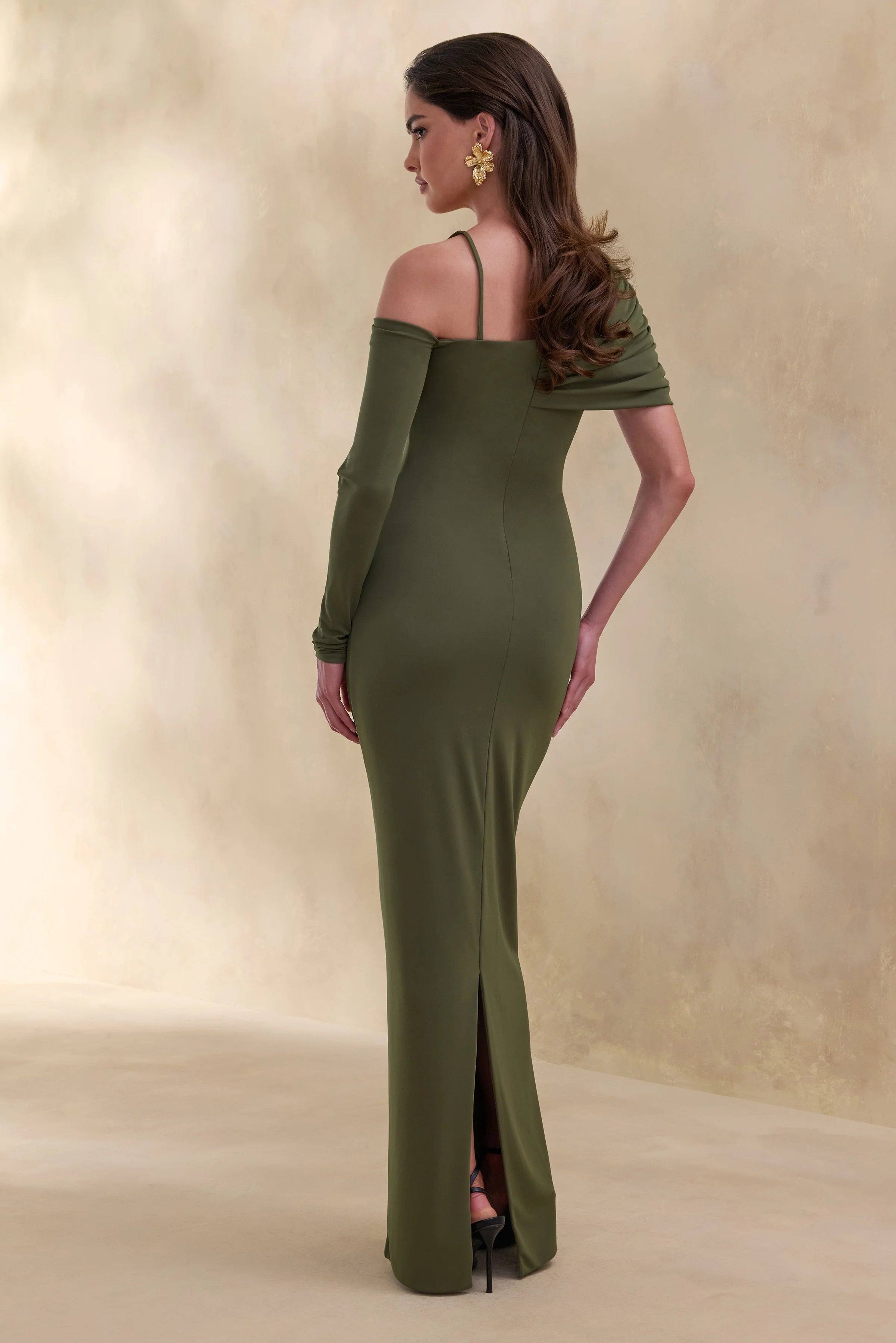 Silvaria Olive Twisted Asymmetric Neck Maxi Dress