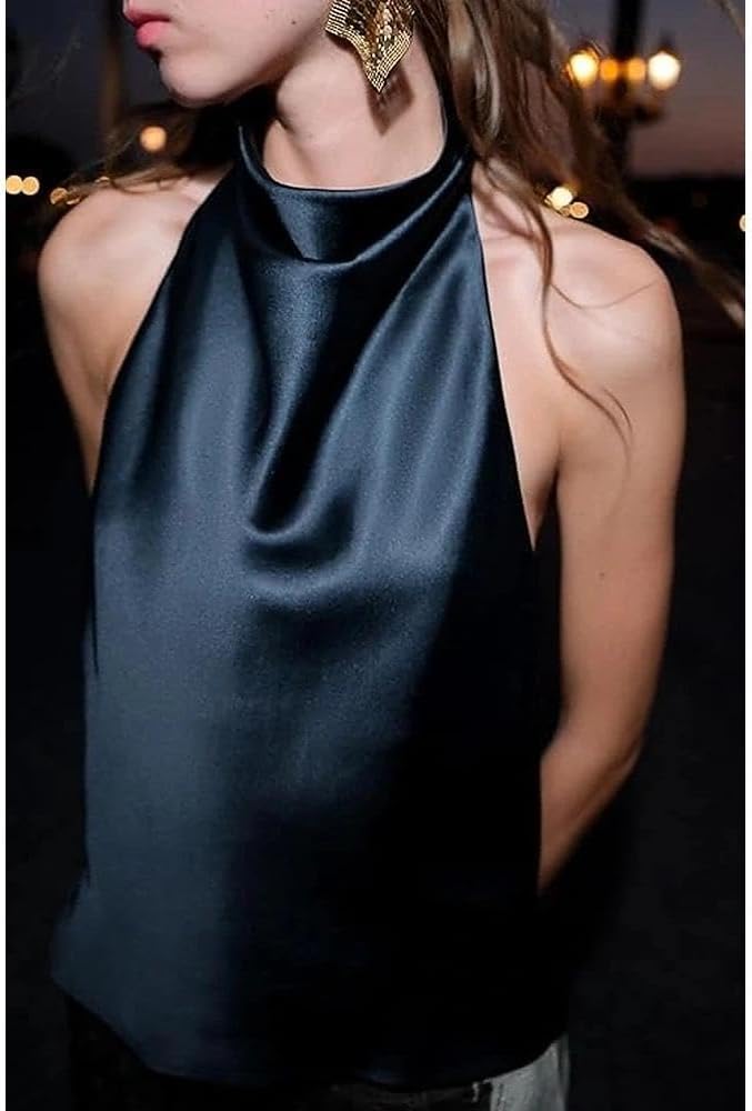 Women Halter Top Cowl Neck Backless Satin Silk Tank Tops Elegant Going Out Clubwear