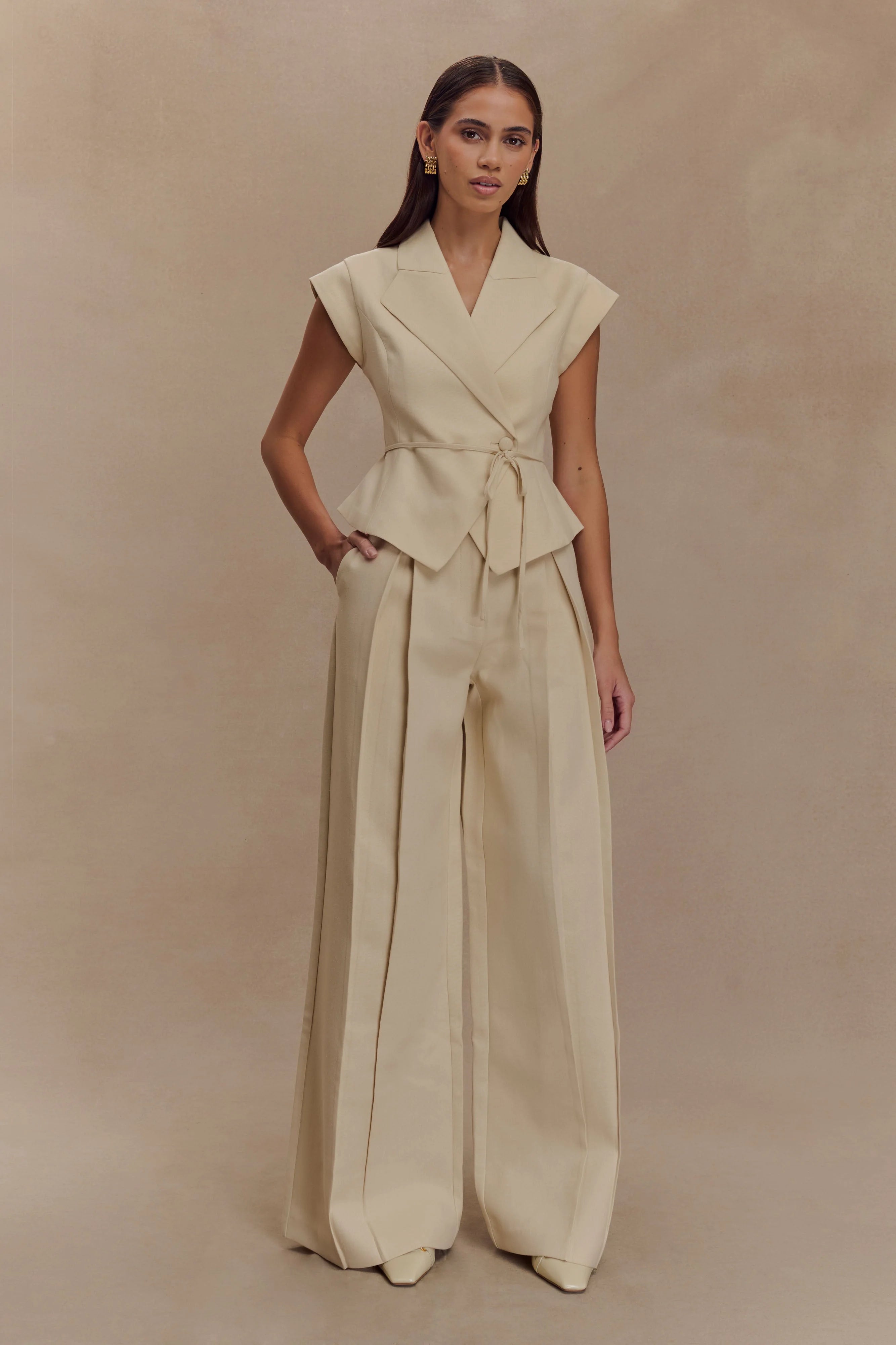 Raya Mid Rise Wide Leg Linen Pant Natural Beige