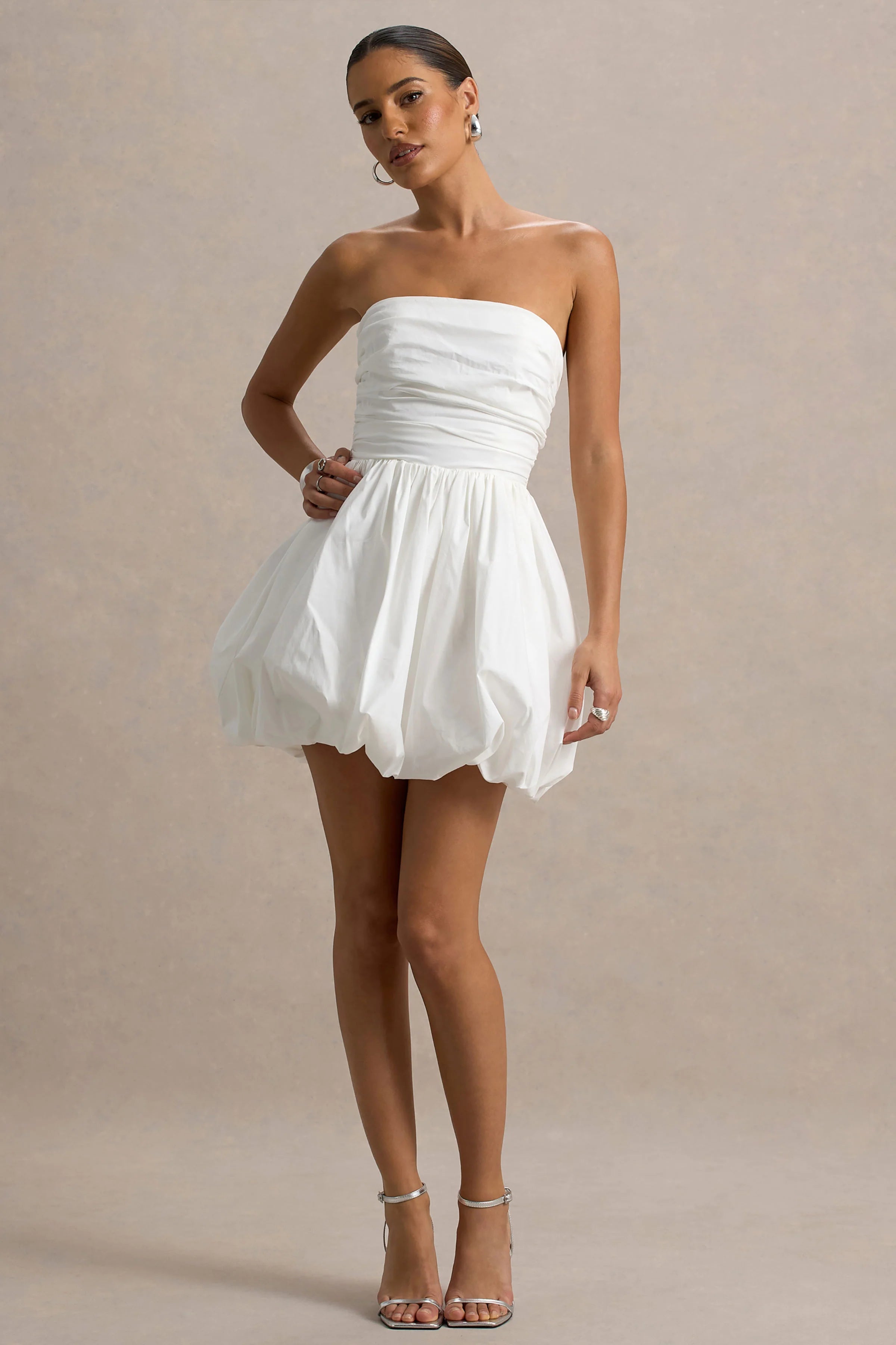 Faye White Puff Ball Bandeau Micro Mini Dress With Ruching Details
