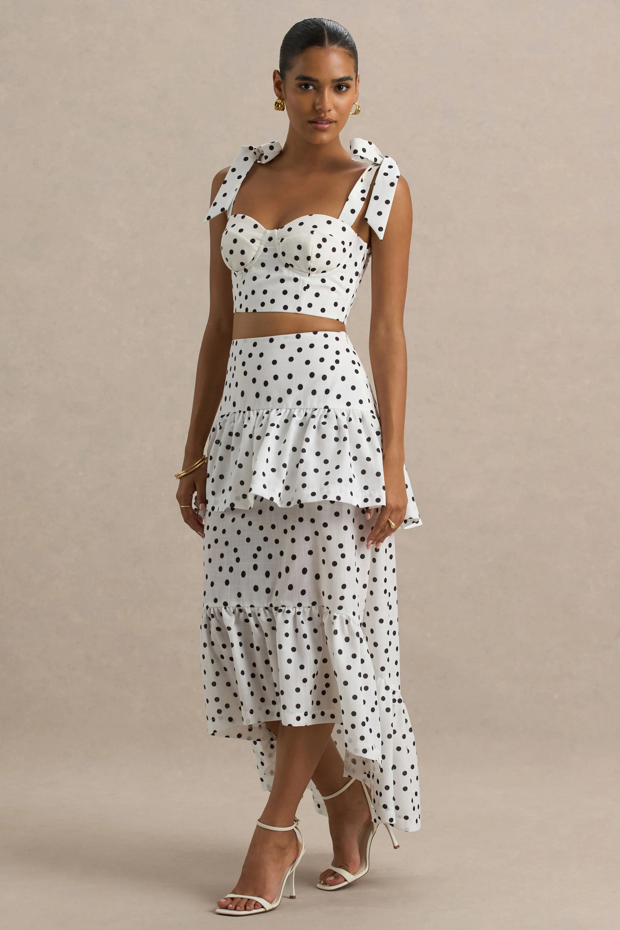 Emry White Polka Dot High Waist Maxi Skirt With Ruffle Detail