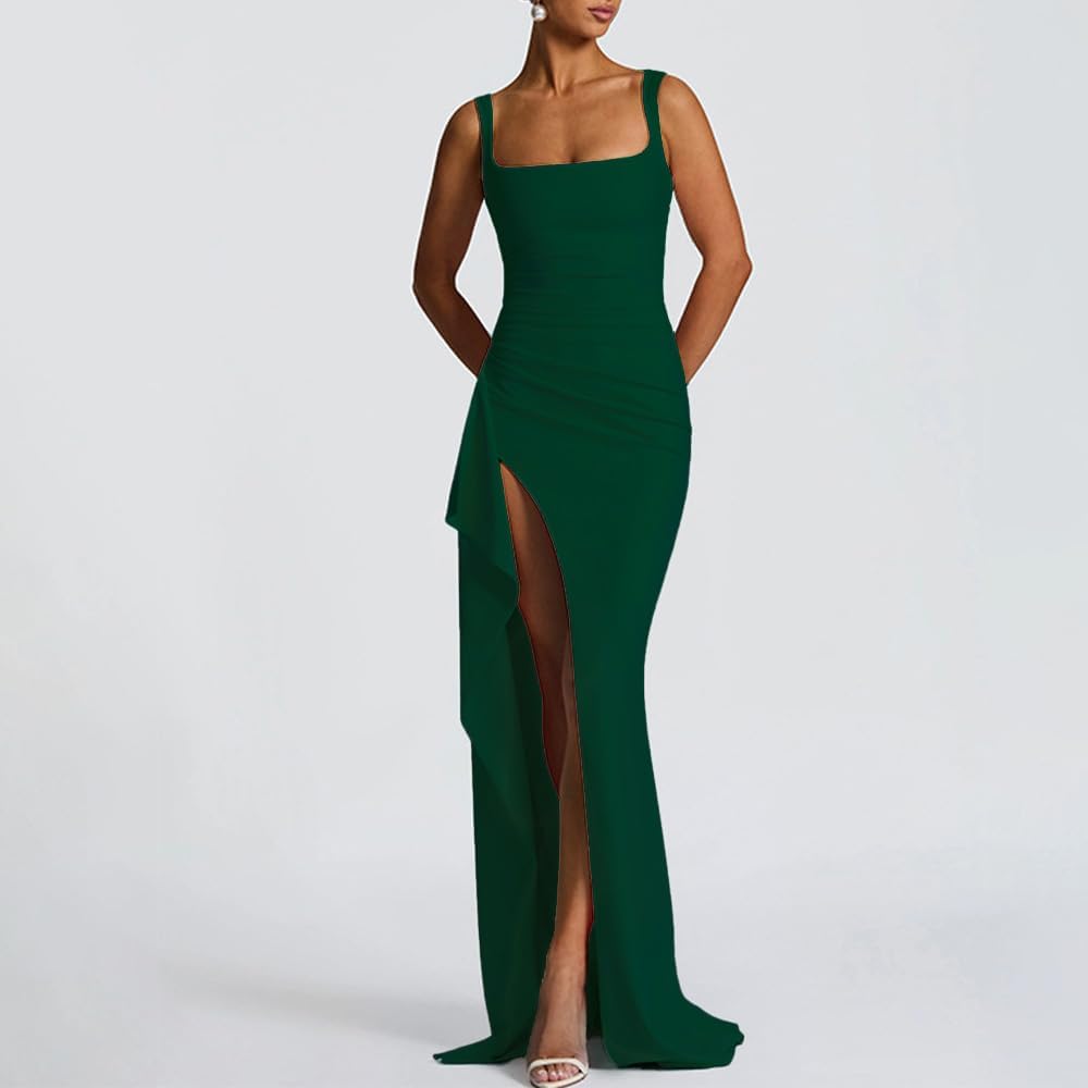 Women Formal Dresses Sleeveless Bodycon Ruched High Slit Sexy Maxi Dress Cocktail Prom