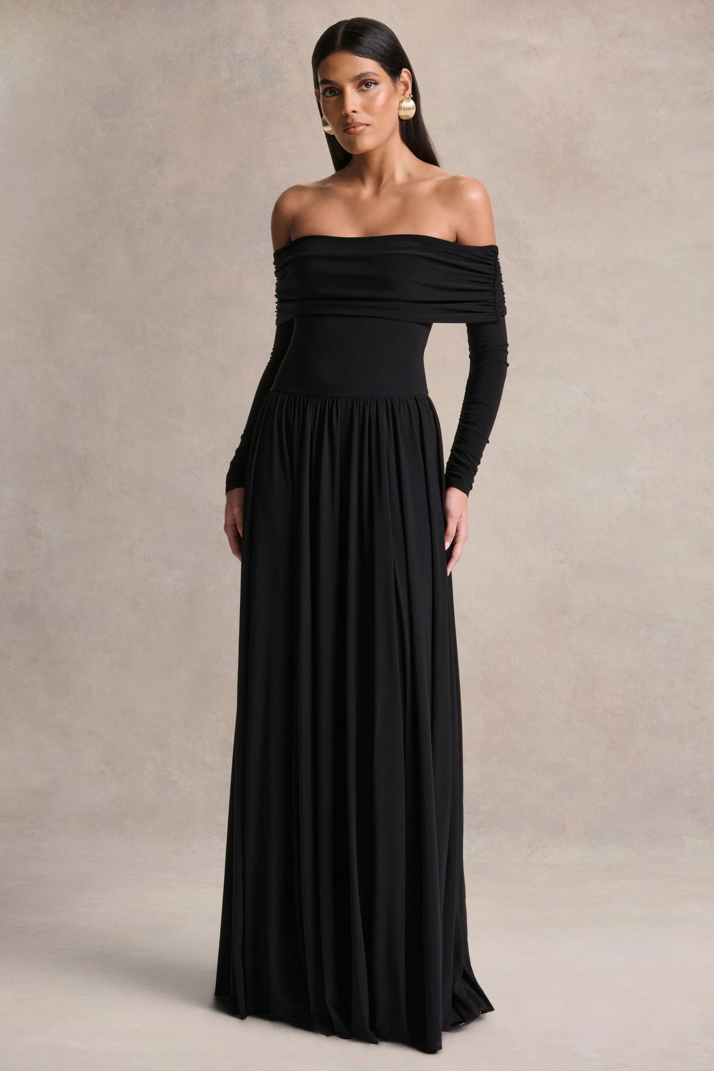 Saskia Black Bardot Neck Maxi Dress