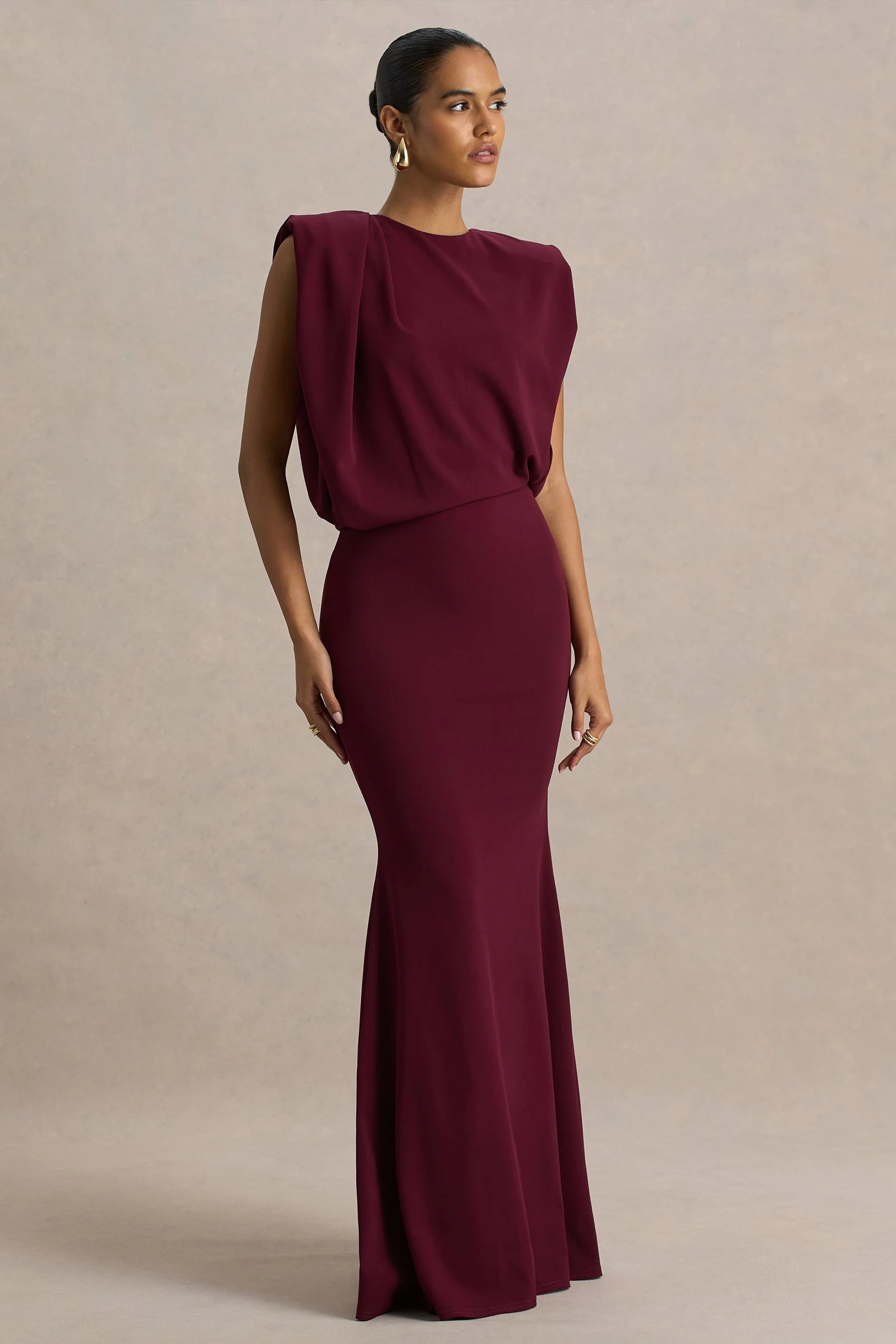 Meave Burgundy Boat Neck Maxi Dress With Draped Detail