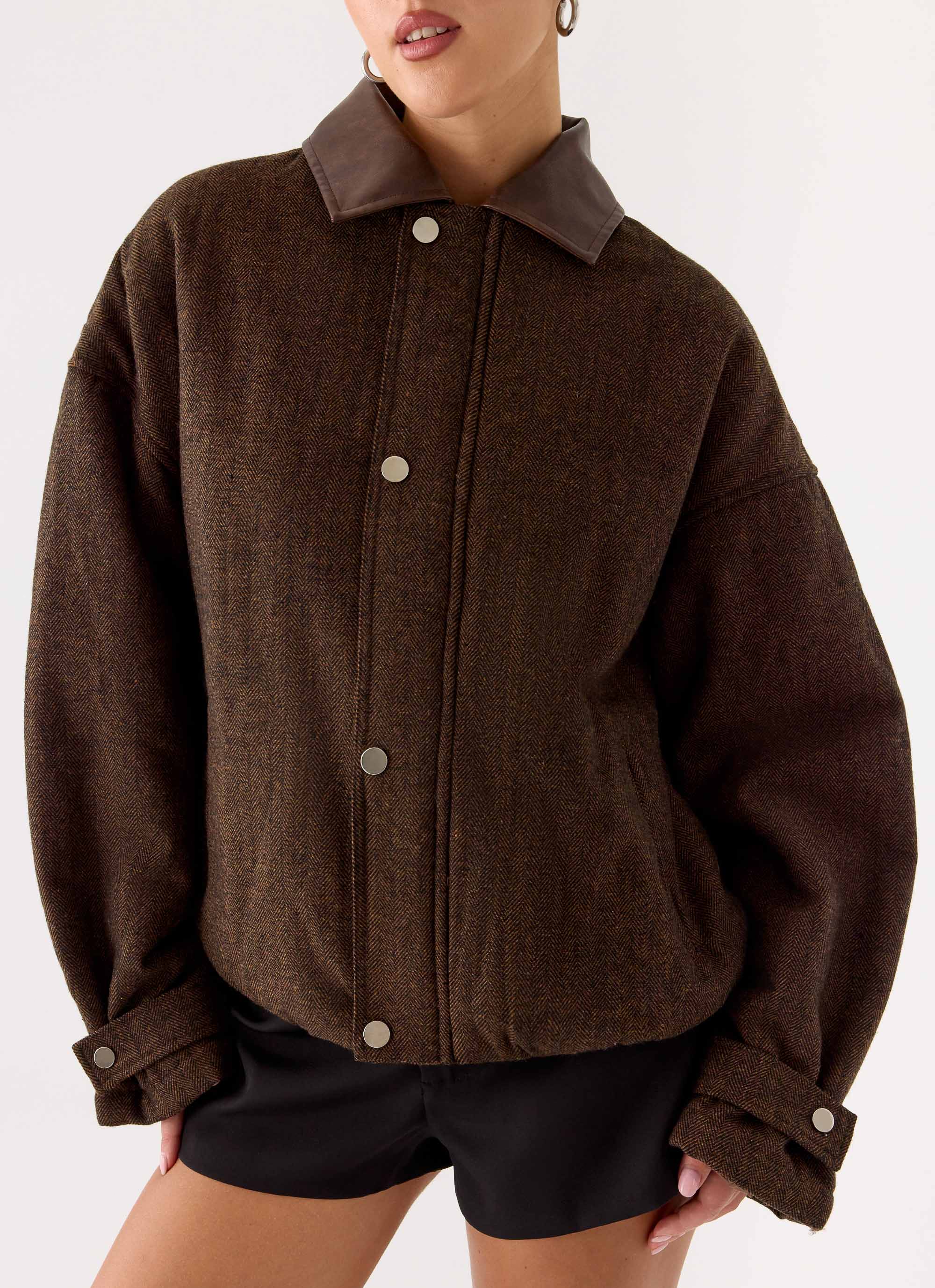 Myles Herringbone Bomber Jacket Chocolate Herringbone