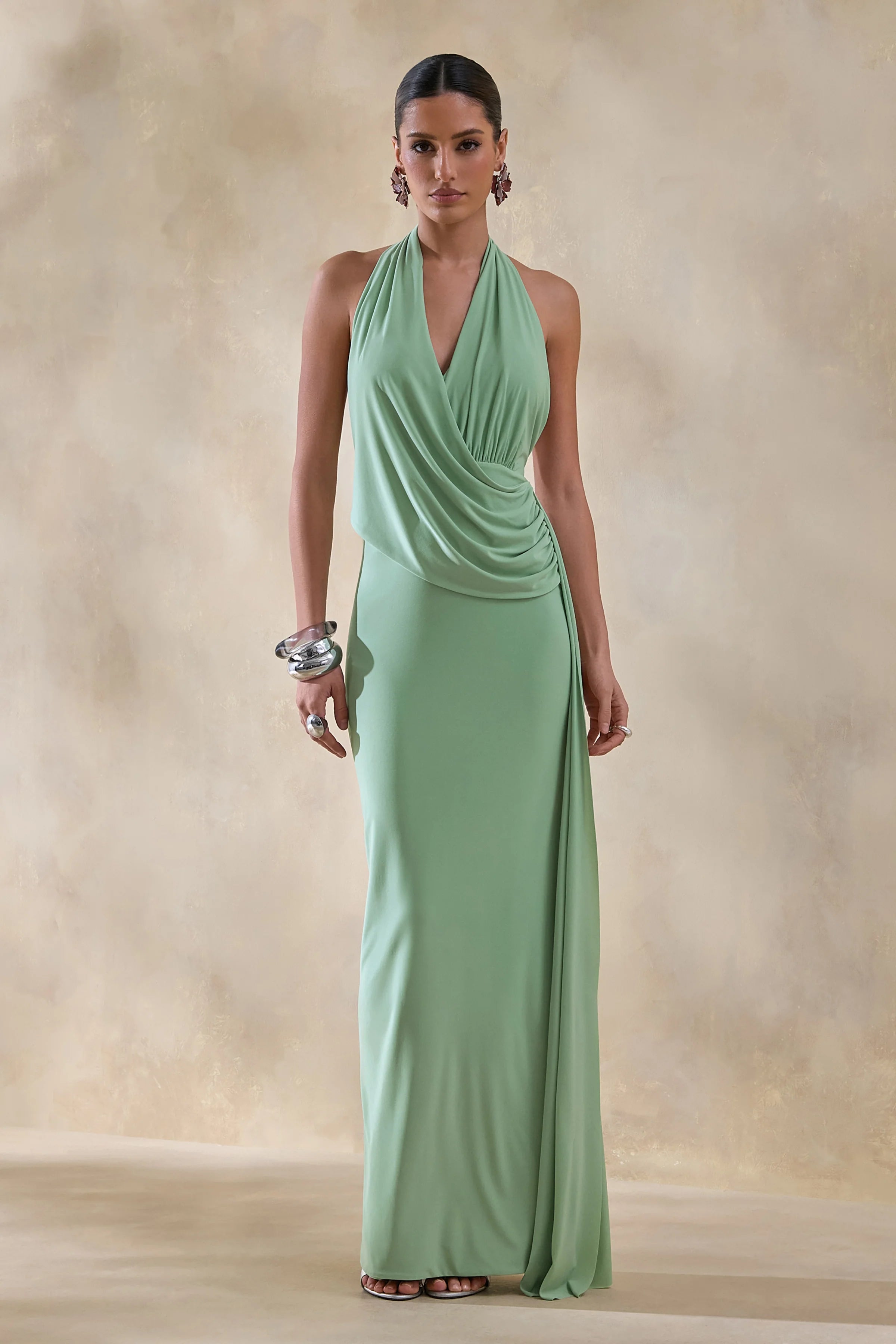 Rosina Sage Halter Neck Draped Maxi Dress With Sash
