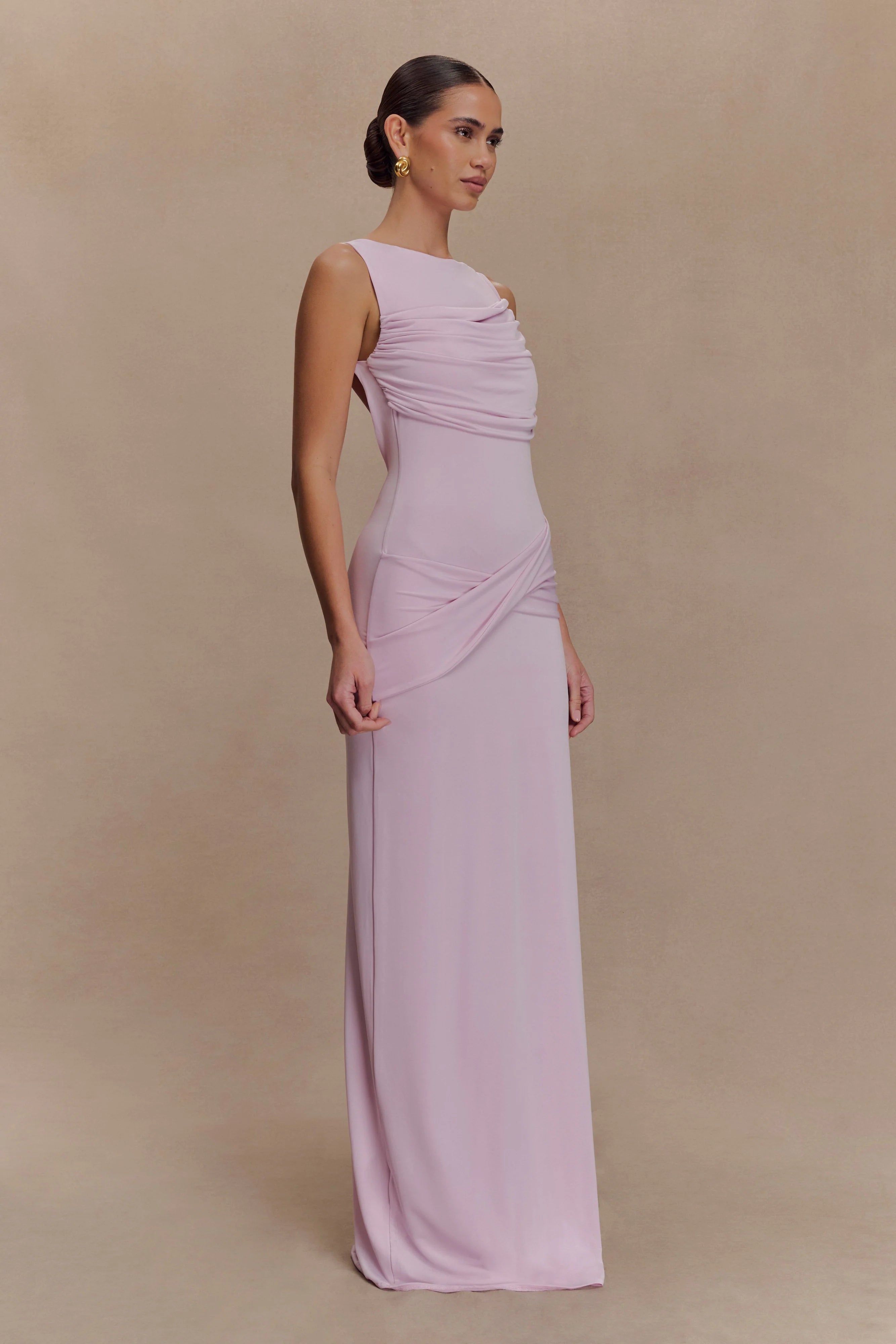 Henley Slinky Drape Maxi Dress Baby Pink