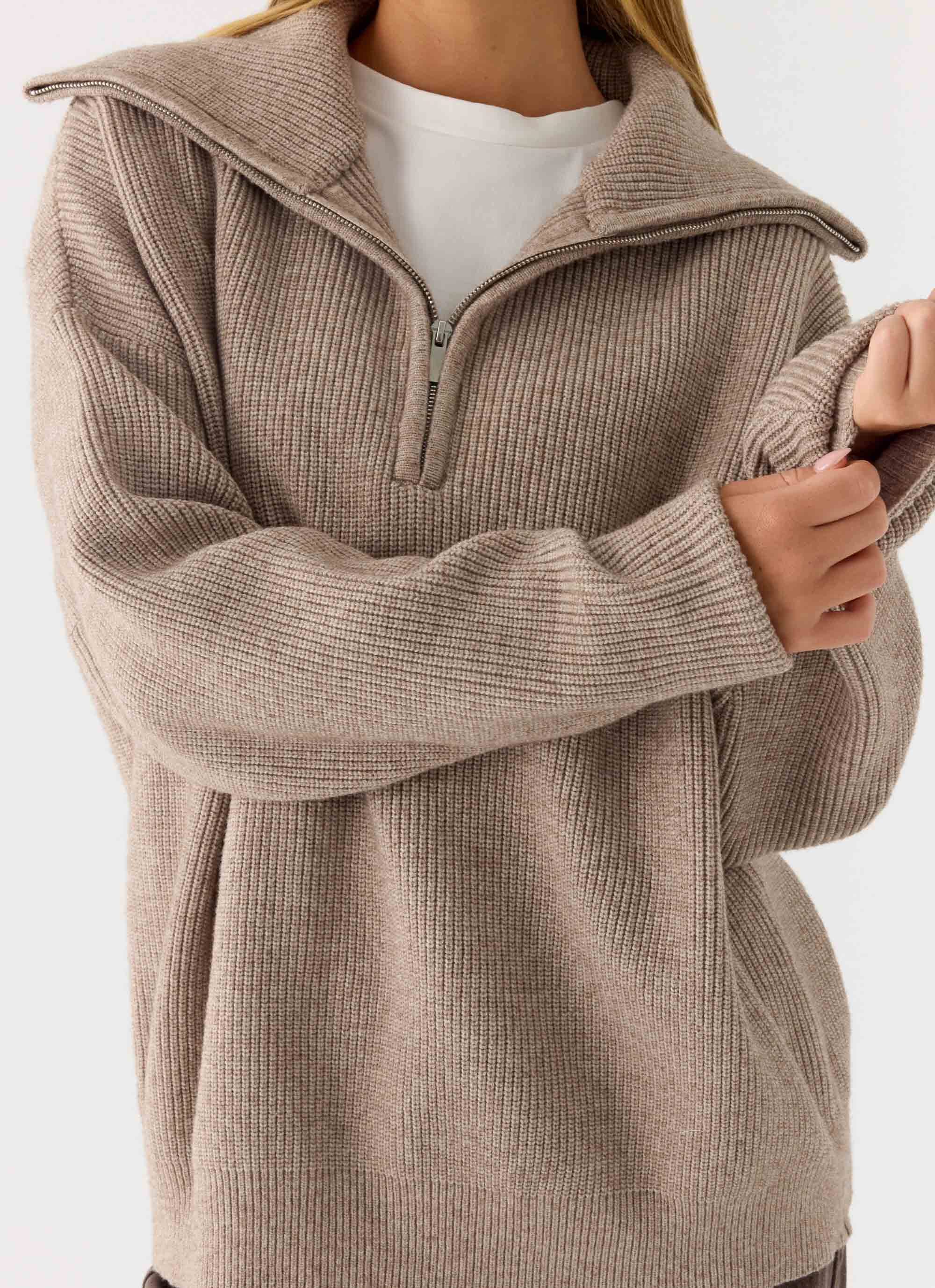 Eirena Quarter Zip Knit Sweater Tan