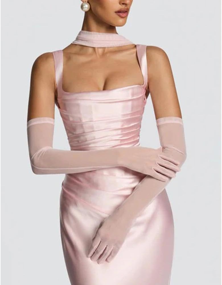 Women Wedding Guest Dress Satin Corset Top Elegant Maxi Dresses with Sheer Scarf Evening Gown