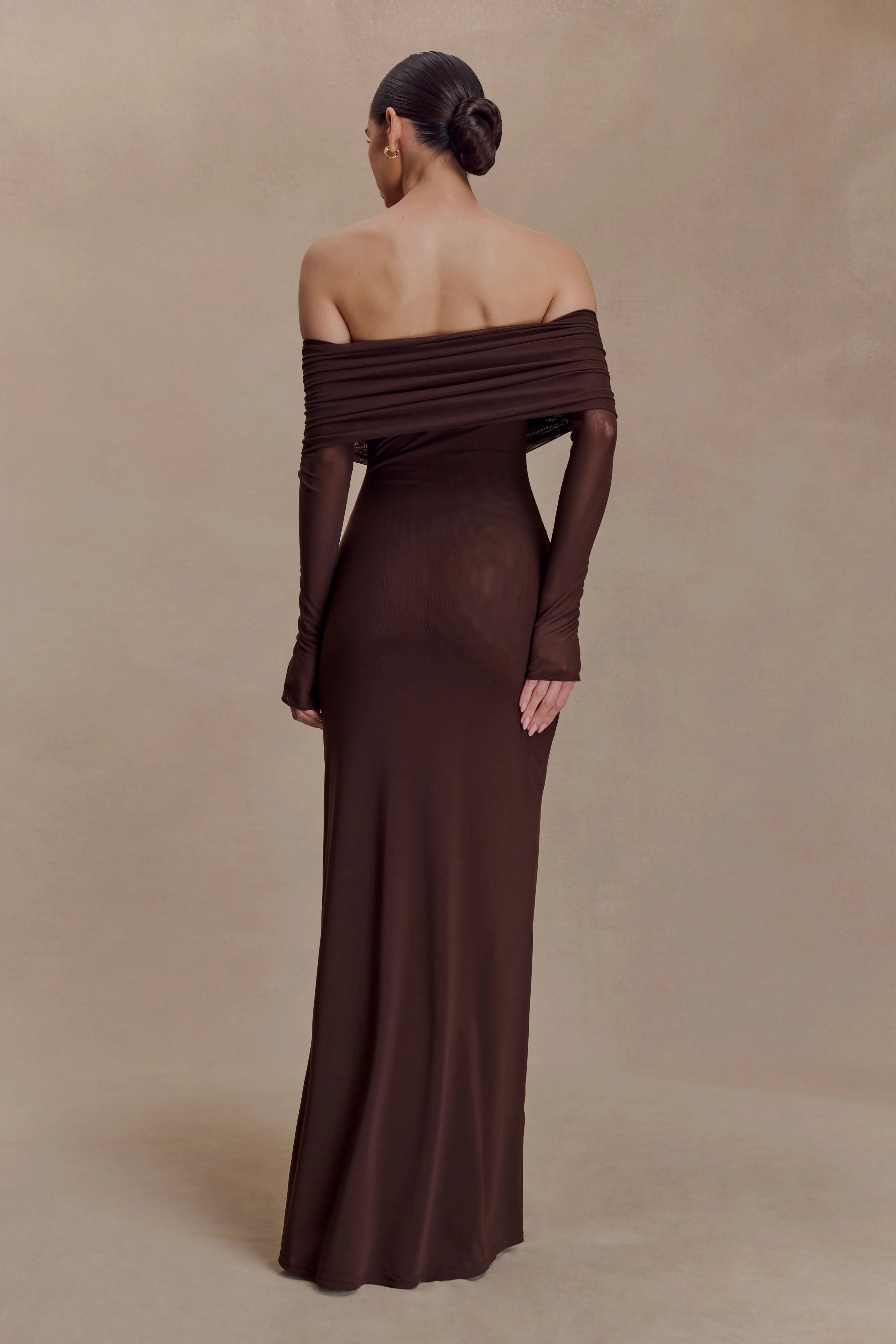 Josie Off Shoulder Mesh Maxi Dress Dark Brown