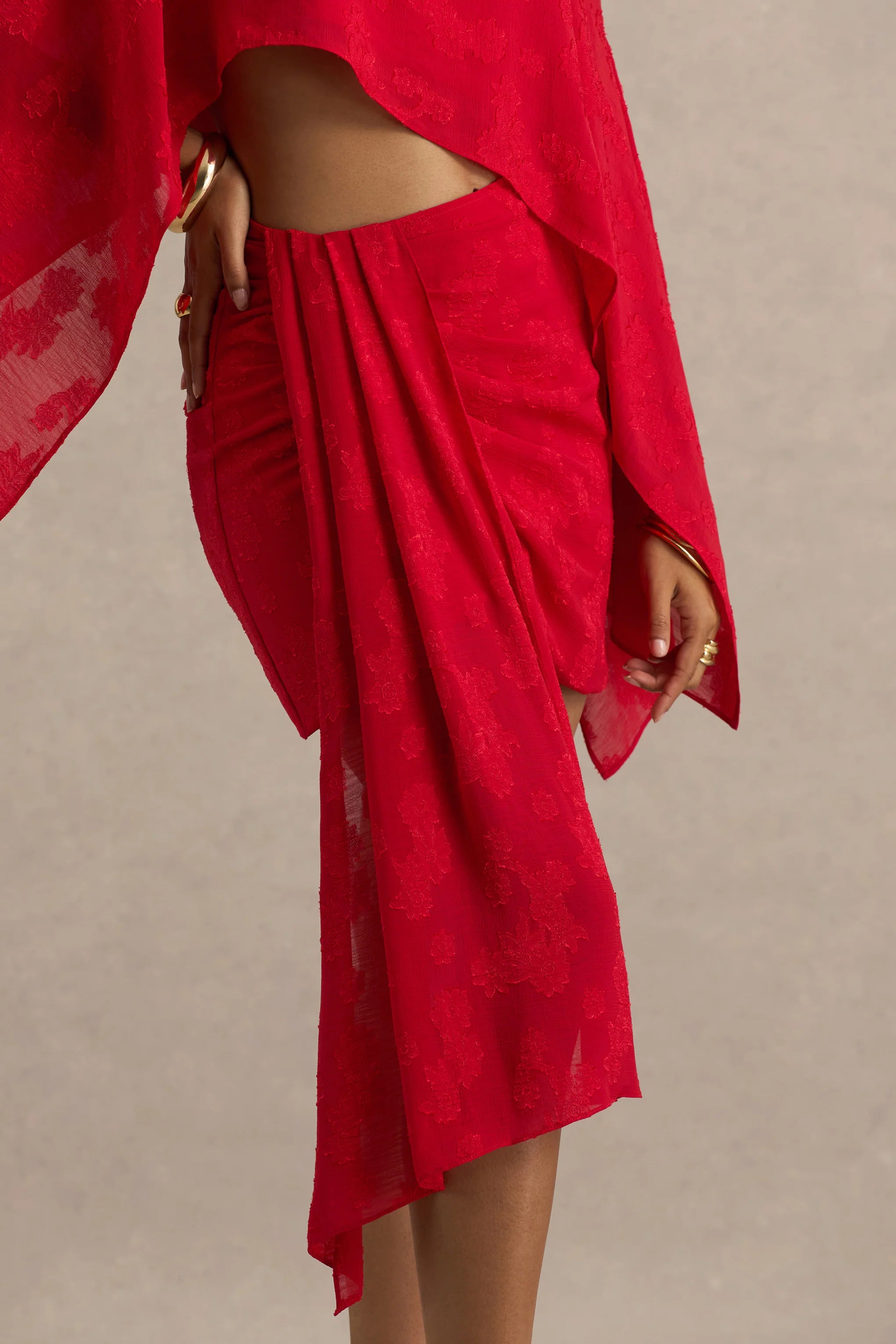 Melania Red Satin Devore Wrap Mini Skirt With Sash Detail