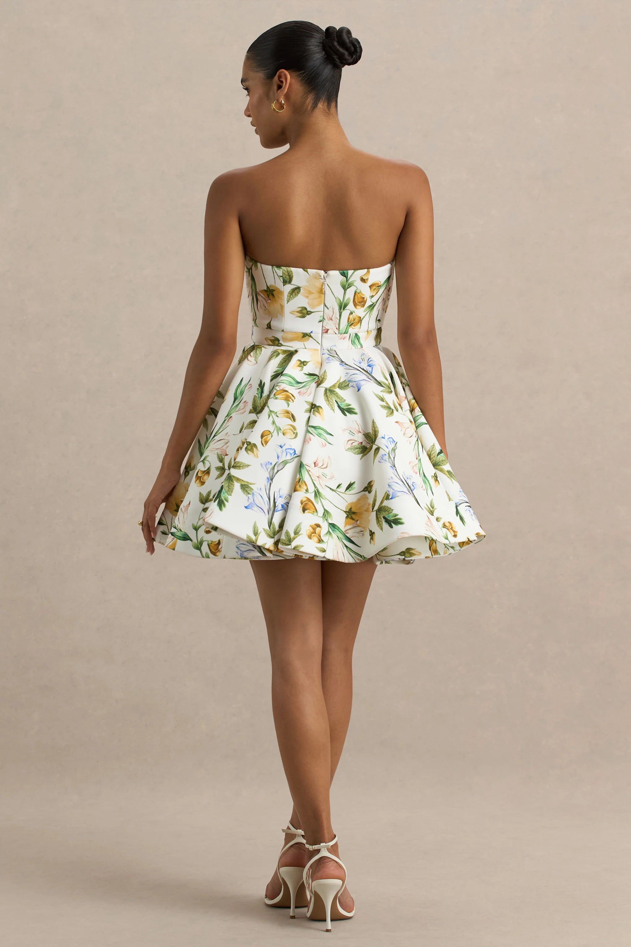Valerian Lemon Floral Print Bandeau Mini Dress With Ruffle Hem