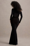 Deanna Black Asymmetric Long Sleeve Ruched Maxi Dress