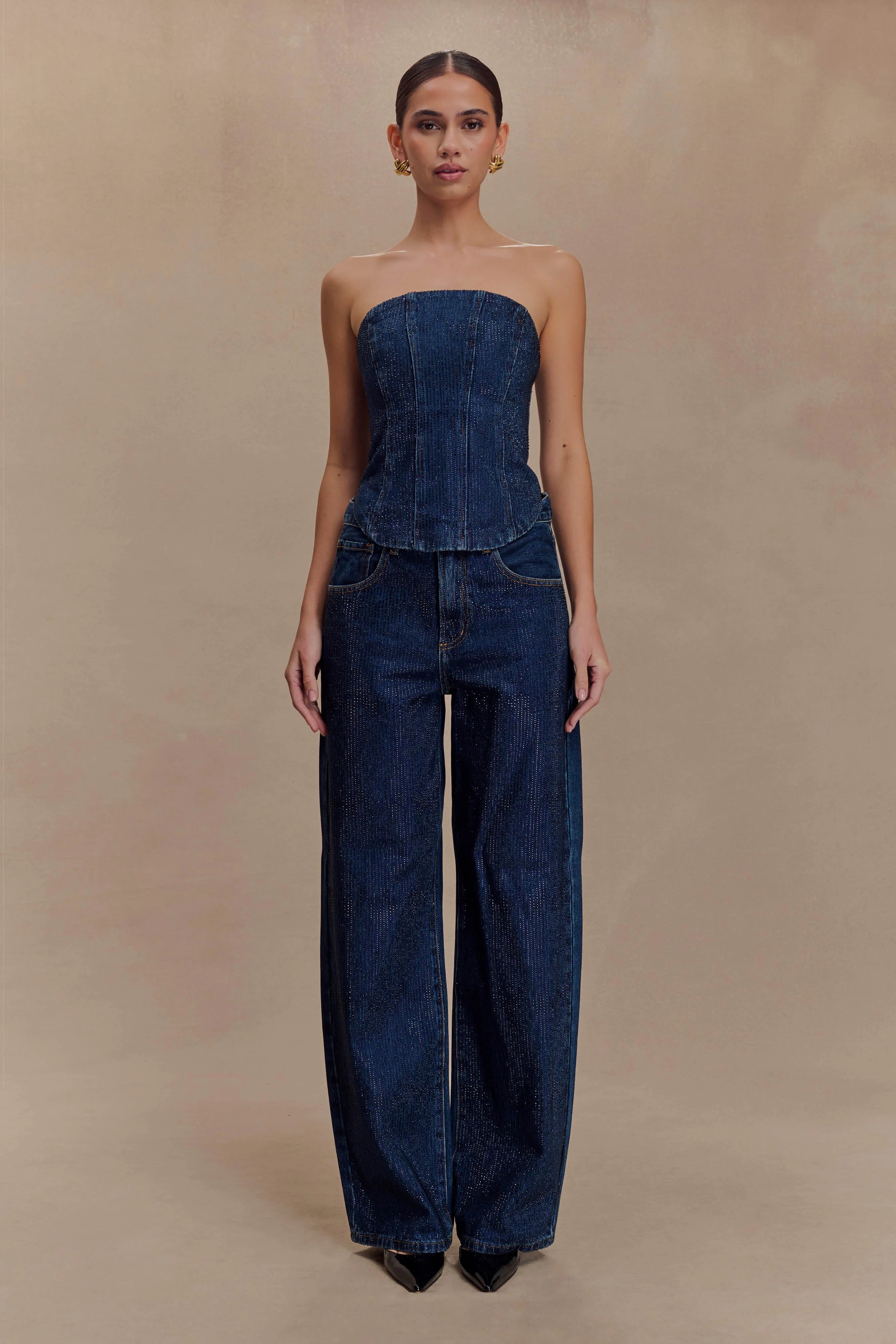 Monte Strapless Diamante Denim Corset Midnight Blue