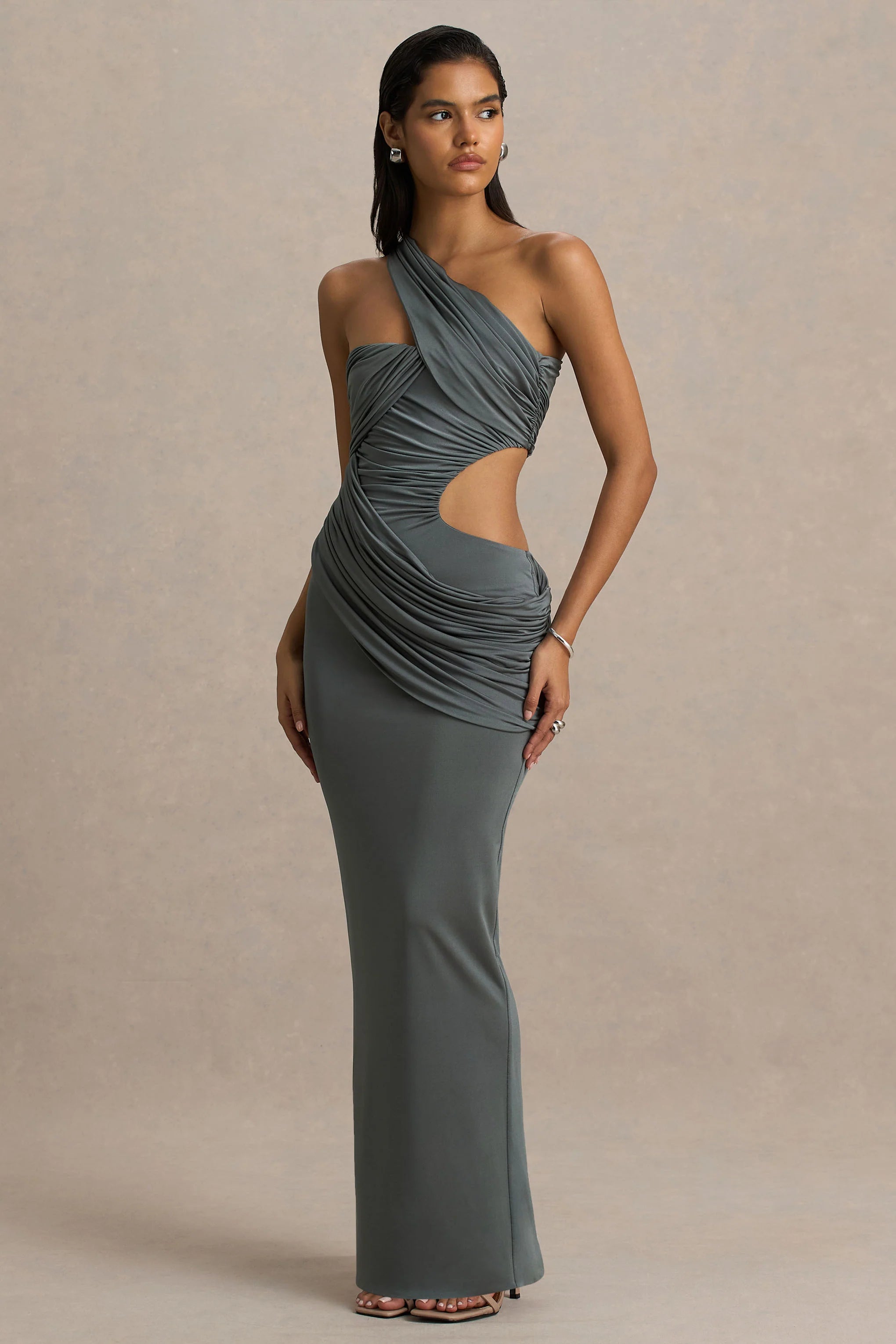 Serefine Grey Asymmetric Neck Maxi Dress With Body Cut Out
