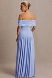 Juliette Powder Blue Bardot Neck Maternity Maxi Dress With Drop Waist