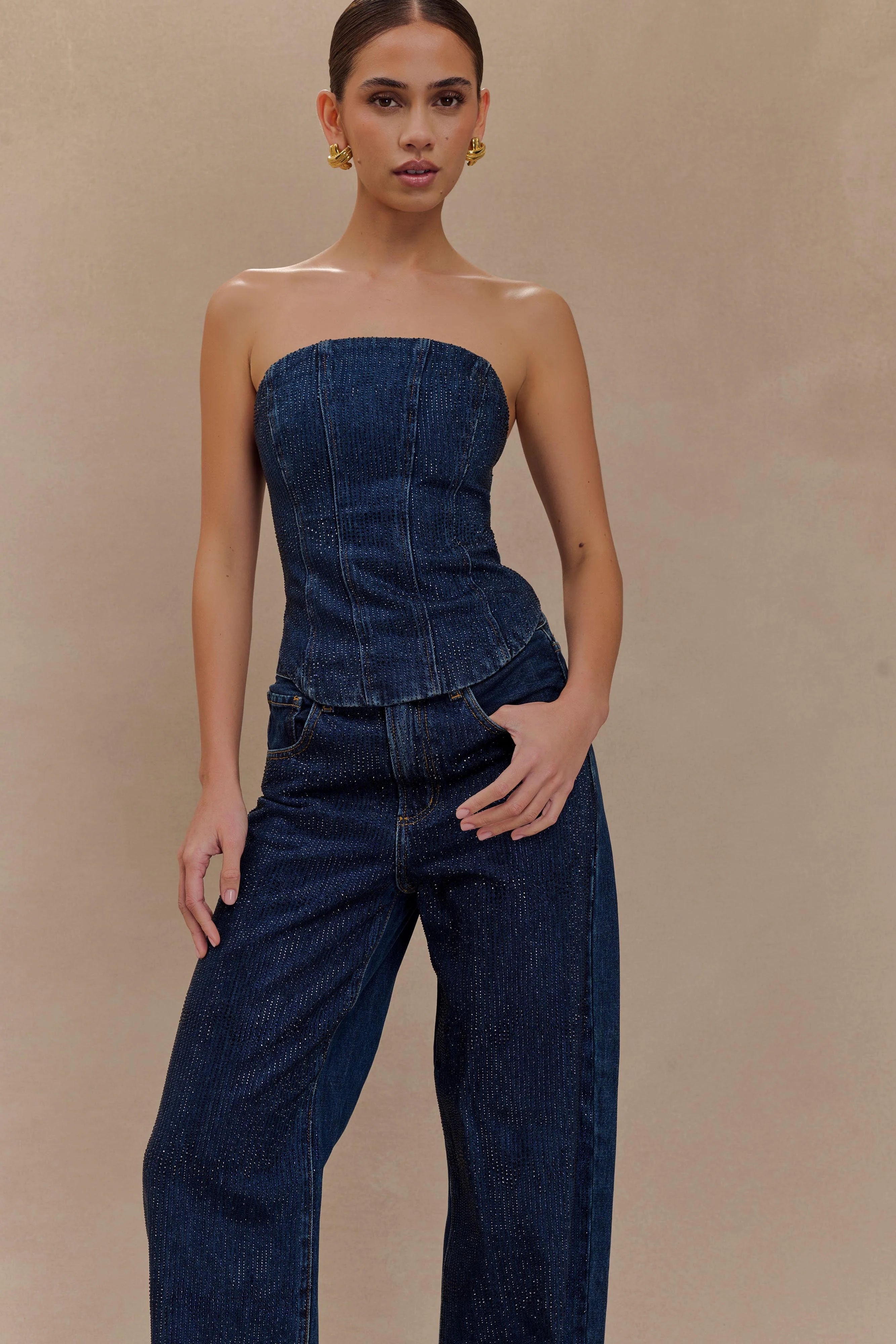 Monte Strapless Diamante Denim Corset Midnight Blue