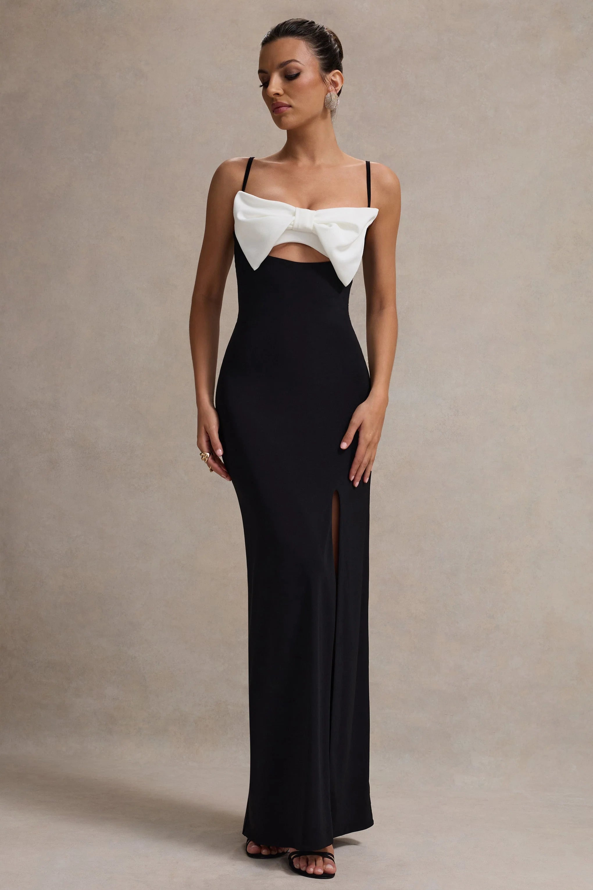 Emmalou Black White Strappy Split Maxi Dress With Bow