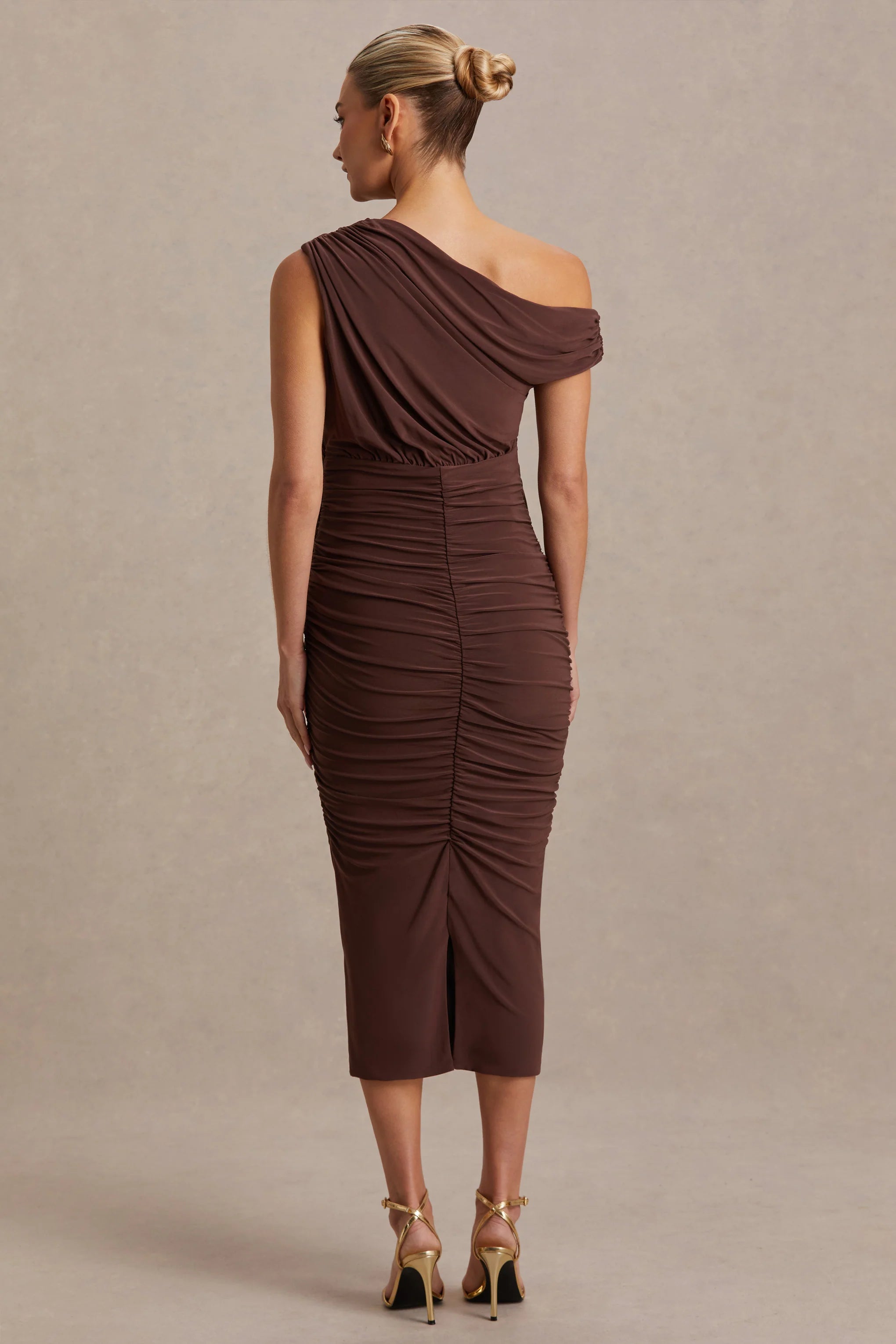 Linnea Brown Asymmetric Neck Maternity Midi Dress
