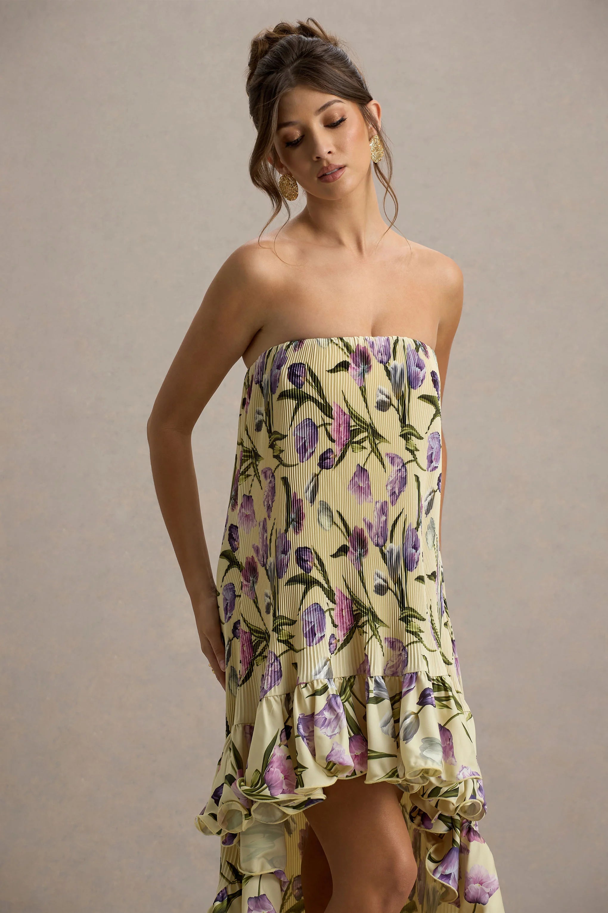 Whistler Tulip Floral Print Chiffon Bandeau High Low Ruffled Maxi Dress